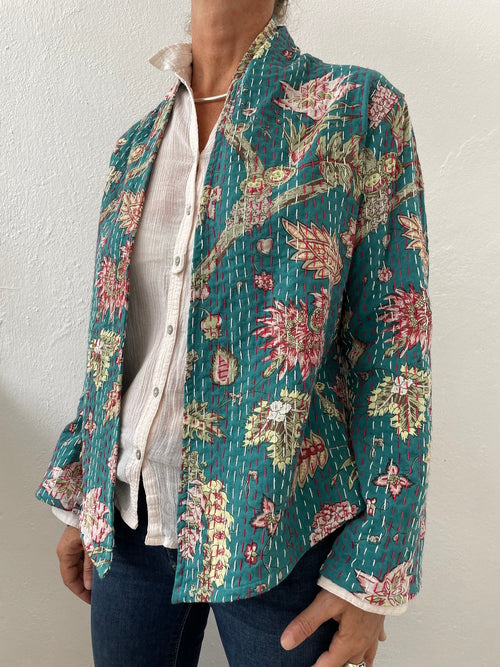 kimono jacket in cotton not quilted, teal color floral pattern, hand embroidery, mid-season jacket, trumpet sleeves, cardigan shape