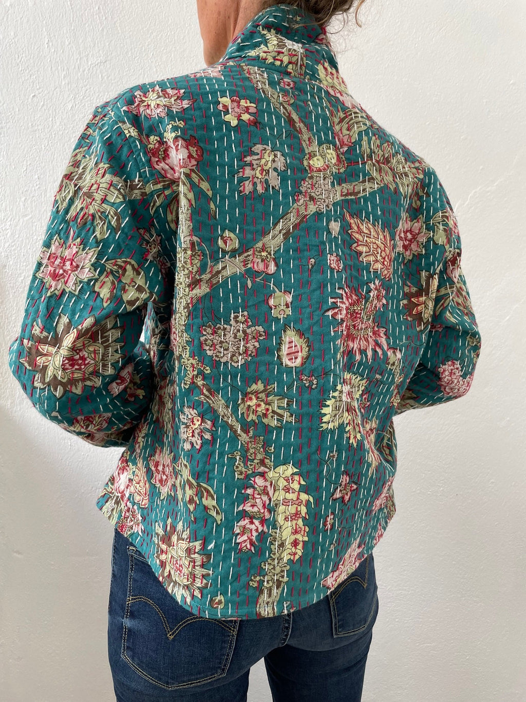 kimono jacket in cotton not quilted, teal color floral pattern, hand embroidery, mid-season jacket, trumpet sleeves, cardigan shape