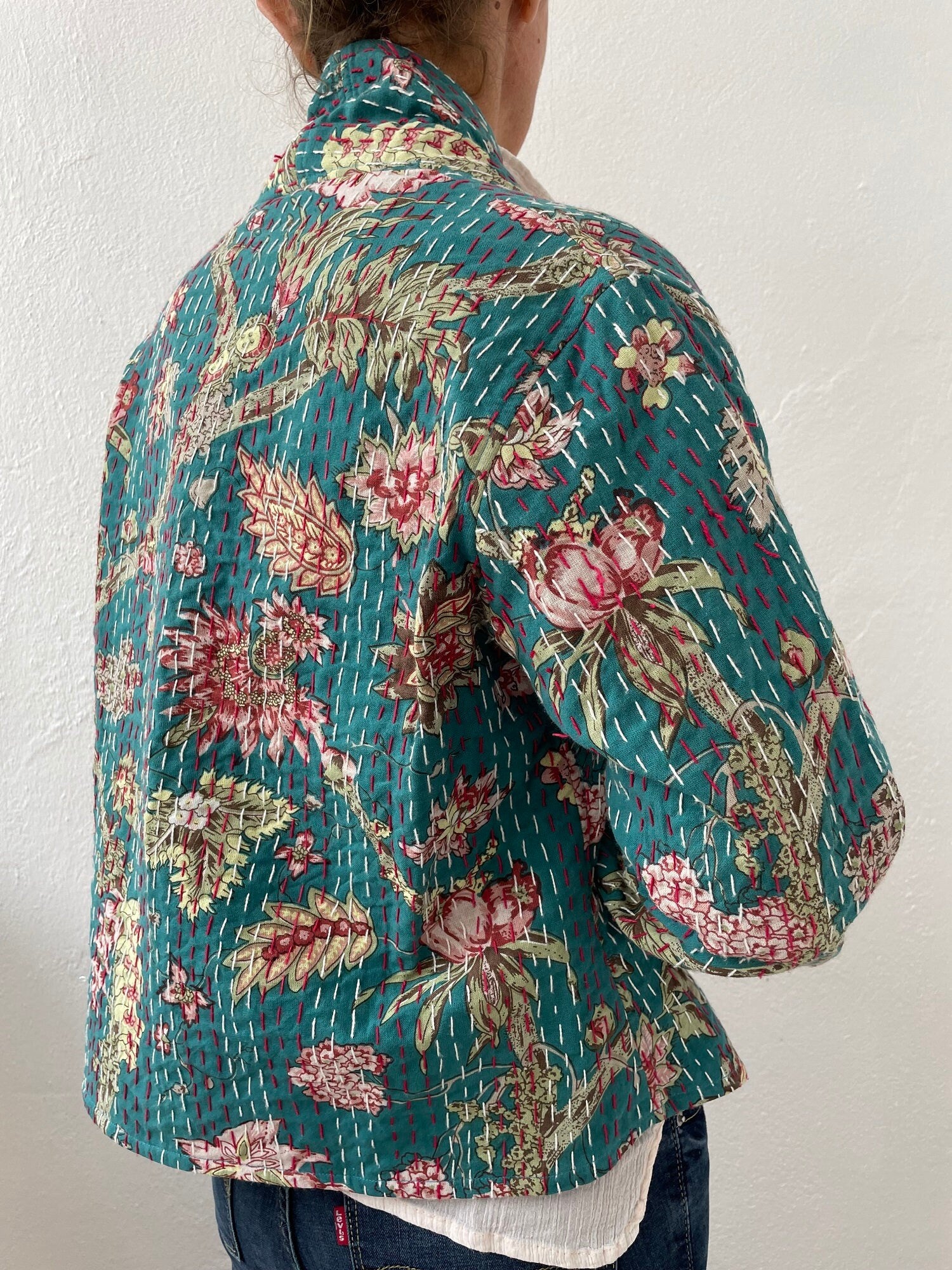 kimono jacket in cotton not quilted, teal color floral pattern, hand embroidery, mid-season jacket, trumpet sleeves, cardigan shape