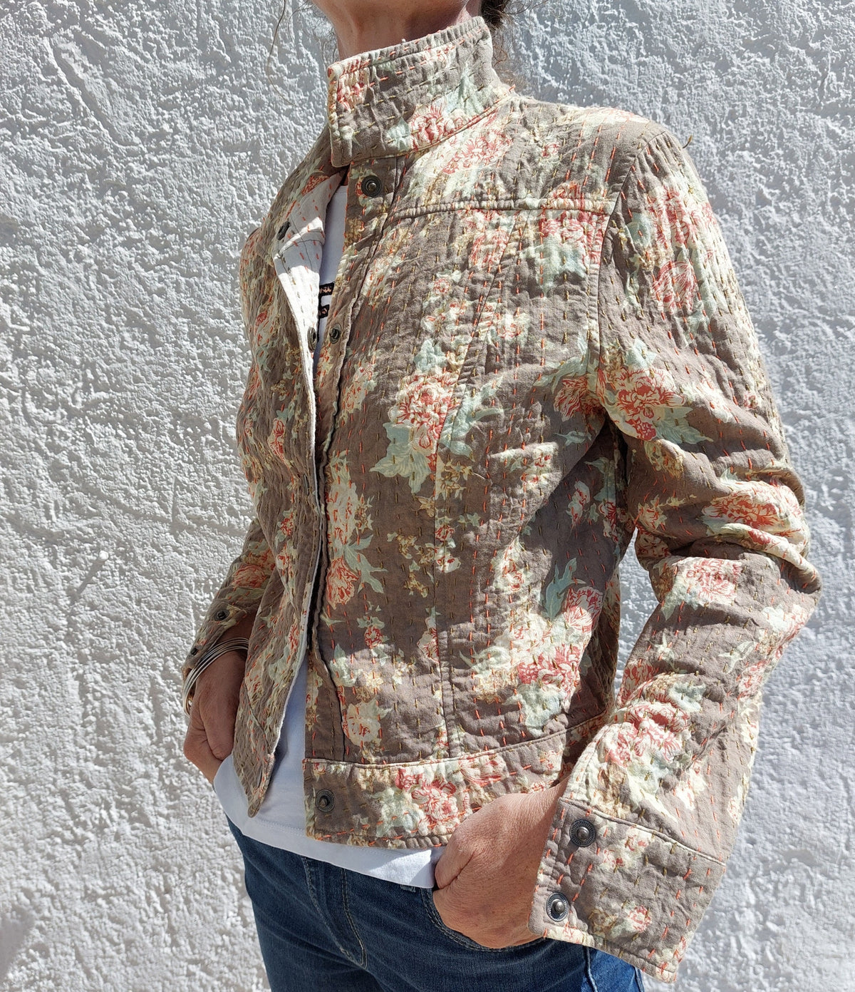 Brown Cotton Fitted Jacket, Denim Inspired Bohemian Jacket, Pastel Color Pattern, Casual Chic Women’s Layer, Limited Series Handmade Fashion