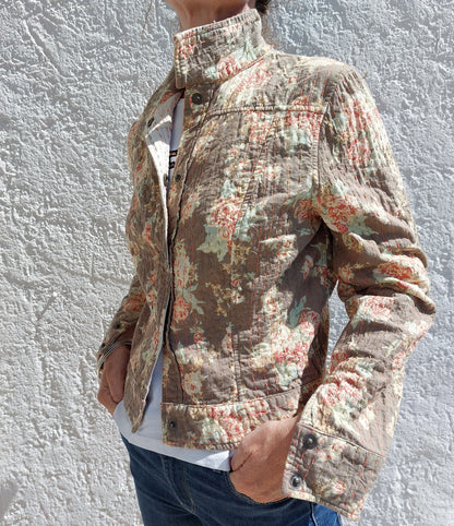 Brown Cotton Fitted Jacket, Denim Inspired Bohemian Jacket, Pastel Color Pattern, Casual Chic Women’s Layer, Limited Series Handmade Fashion