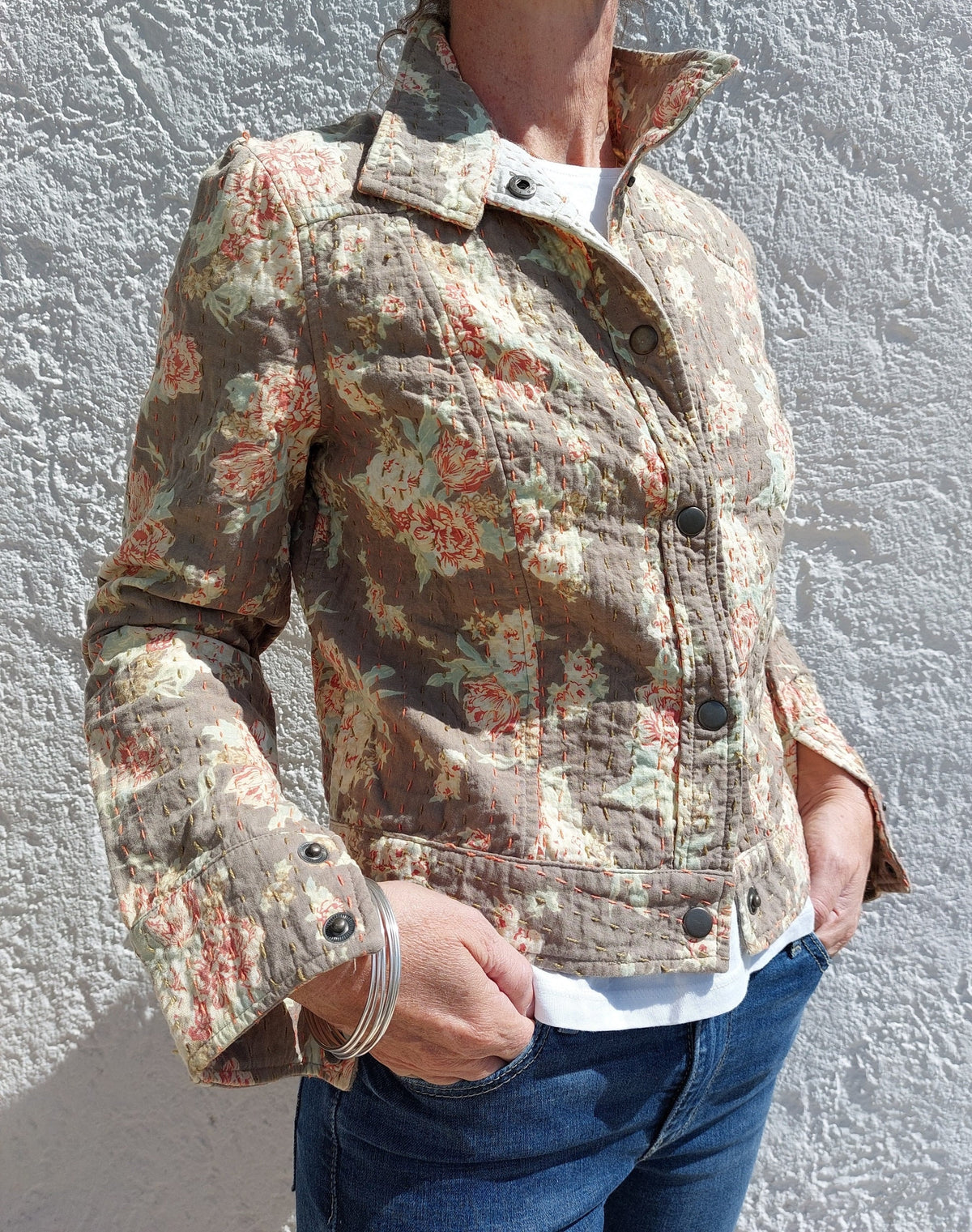 Brown Cotton Fitted Jacket, Denim Inspired Bohemian Jacket, Pastel Color Pattern, Casual Chic Women’s Layer, Limited Series Handmade Fashion