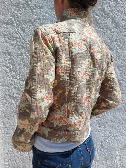 Brown Cotton Fitted Jacket, Denim Inspired Bohemian Jacket, Pastel Color Pattern, Casual Chic Women’s Layer, Limited Series Handmade Fashion