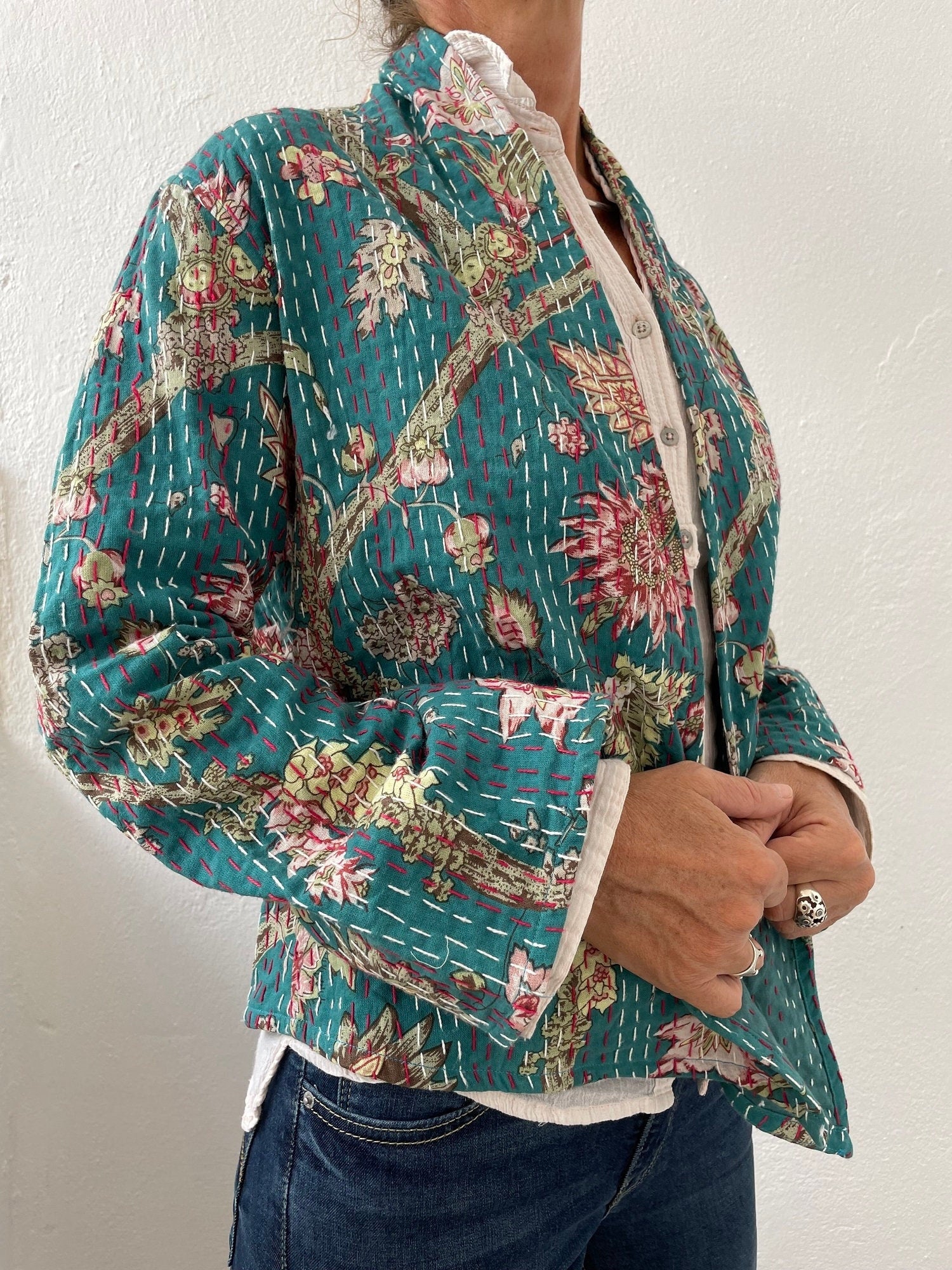 kimono jacket in cotton not quilted, teal color floral pattern, hand embroidery, mid-season jacket, trumpet sleeves, cardigan shape
