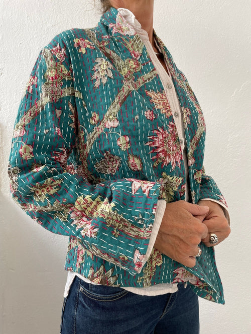 kimono jacket in cotton not quilted, teal color floral pattern, hand embroidery, mid-season jacket, trumpet sleeves, cardigan shape