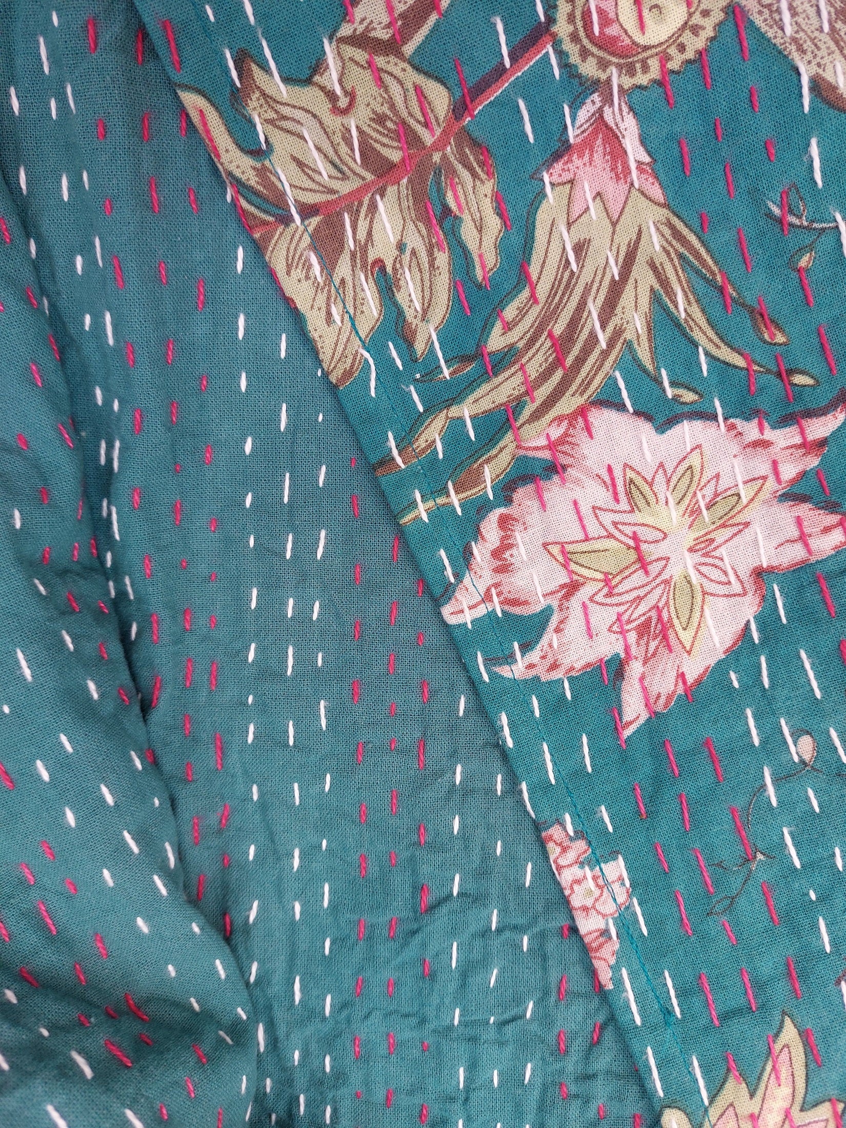 kimono jacket in cotton not quilted, teal color floral pattern, hand embroidery, mid-season jacket, trumpet sleeves, cardigan shape