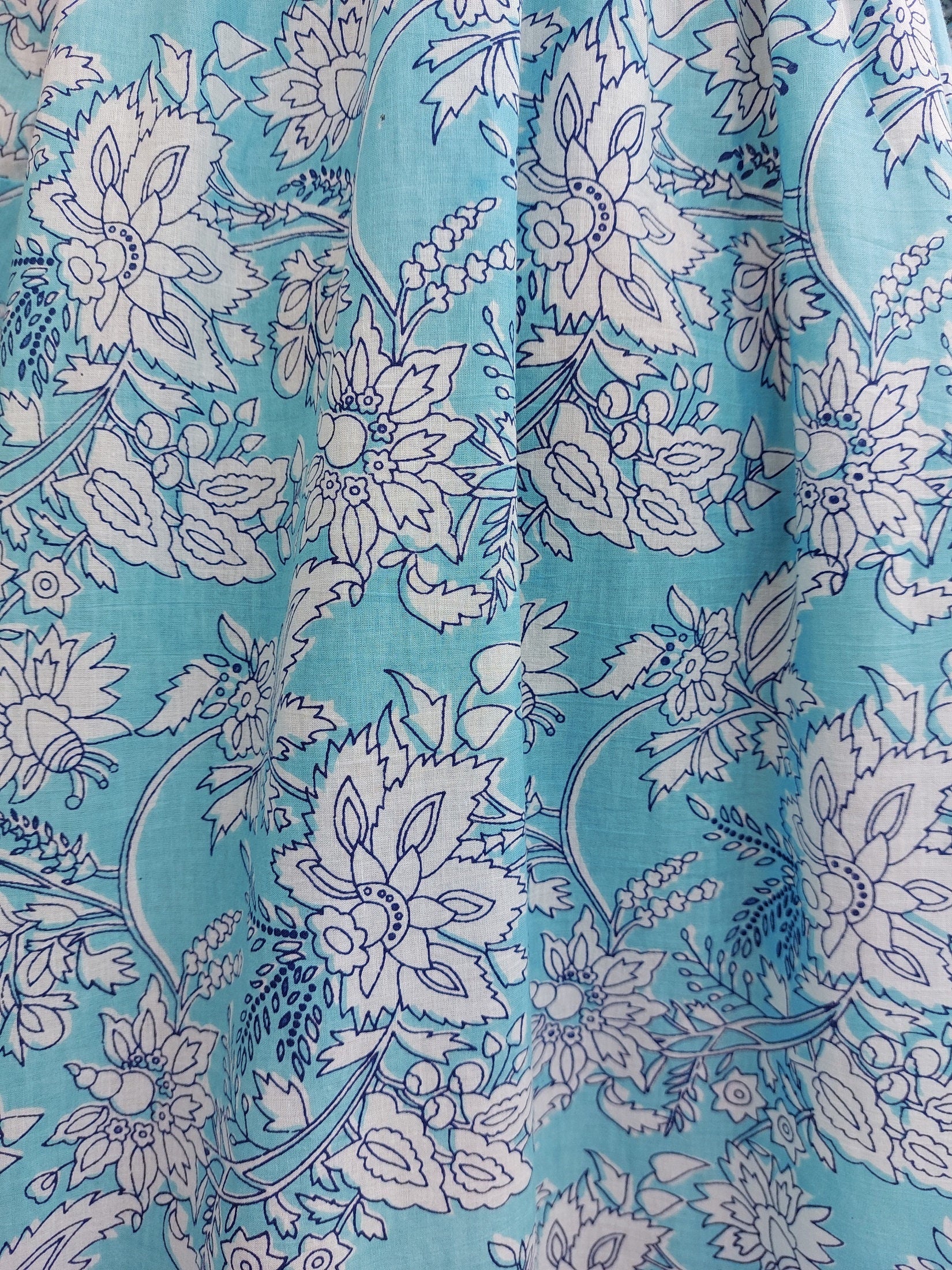 ruffled midi dress in cotton, handblock printed, sky blue floral pattern, round neckline raglan sleeves,unique piece,hippiechic beach outfit