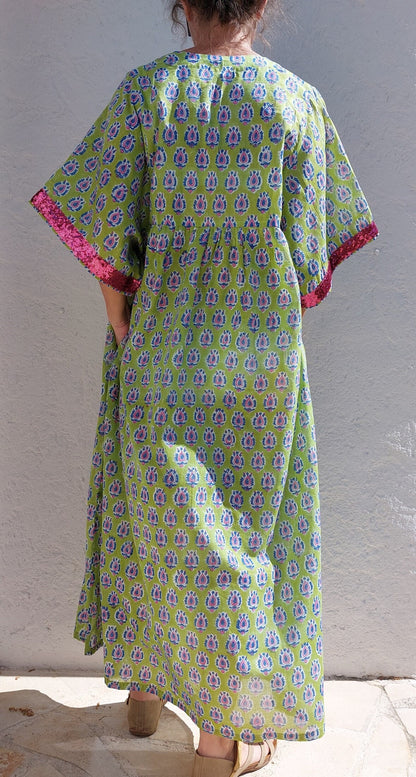 Loose green and pink cotton kaftan dress