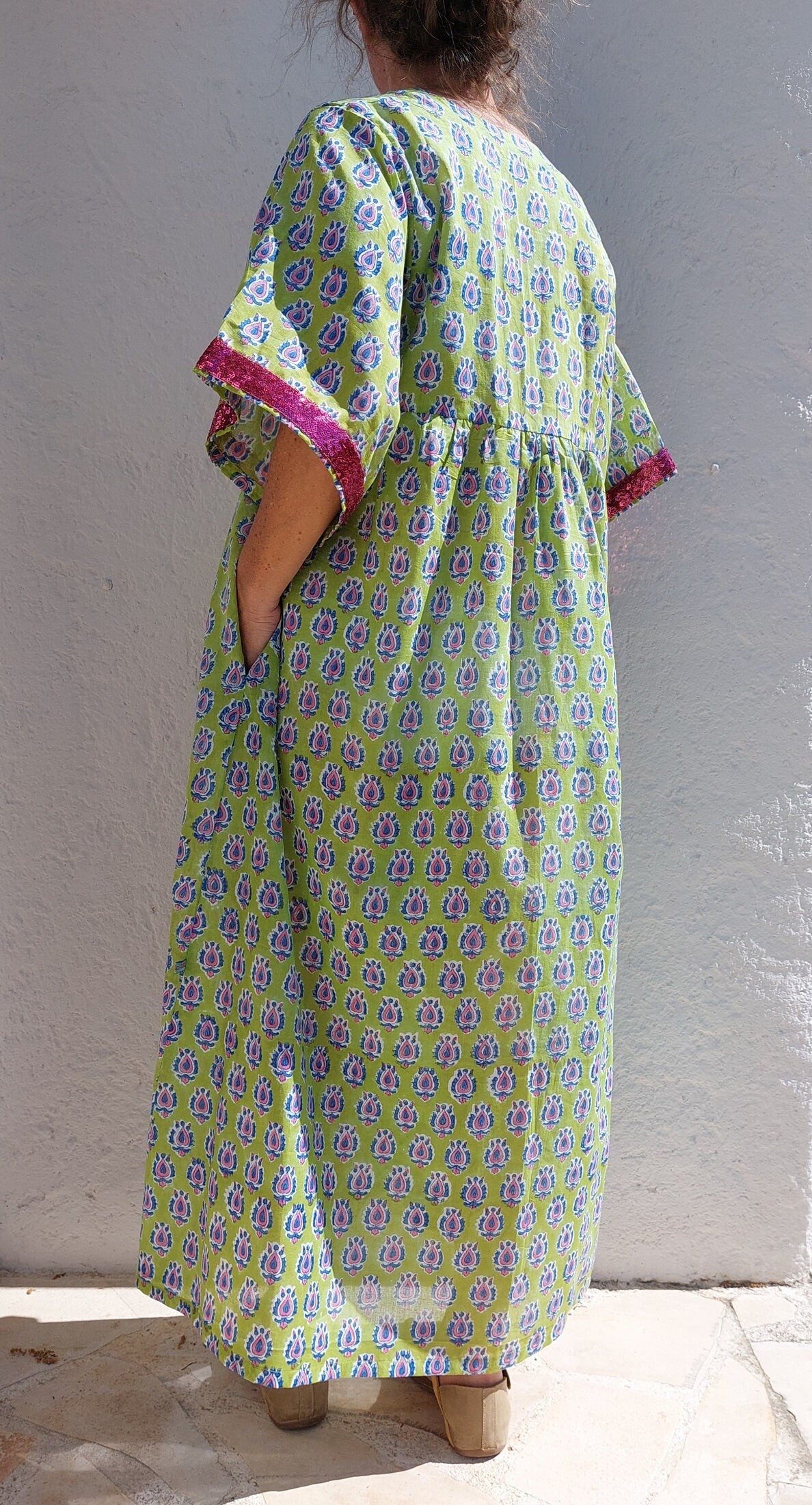 Loose green and pink cotton kaftan dress