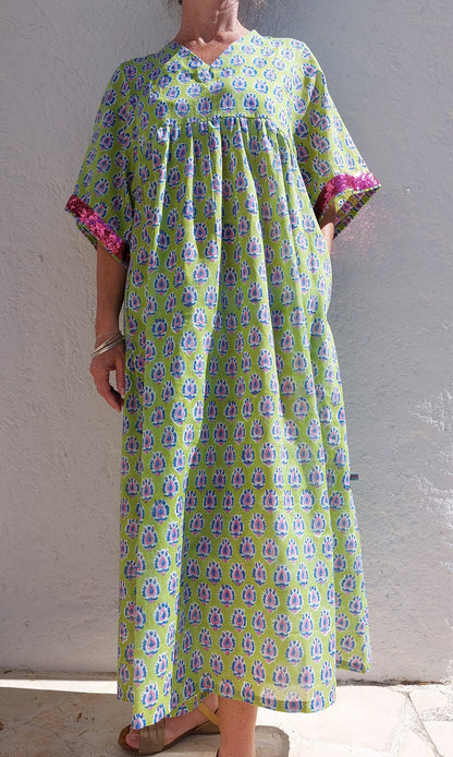 Loose green and pink cotton kaftan dress