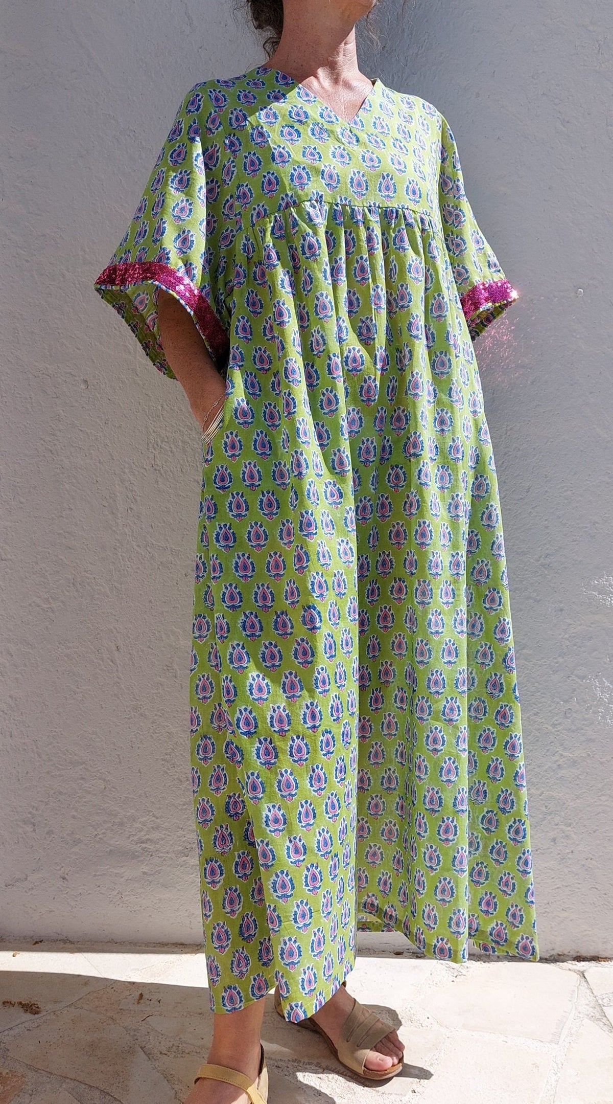 Loose green and pink cotton kaftan dress