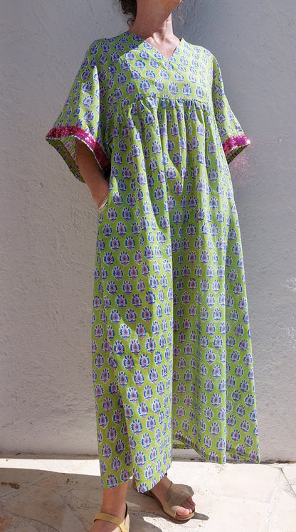 Loose green and pink cotton kaftan dress