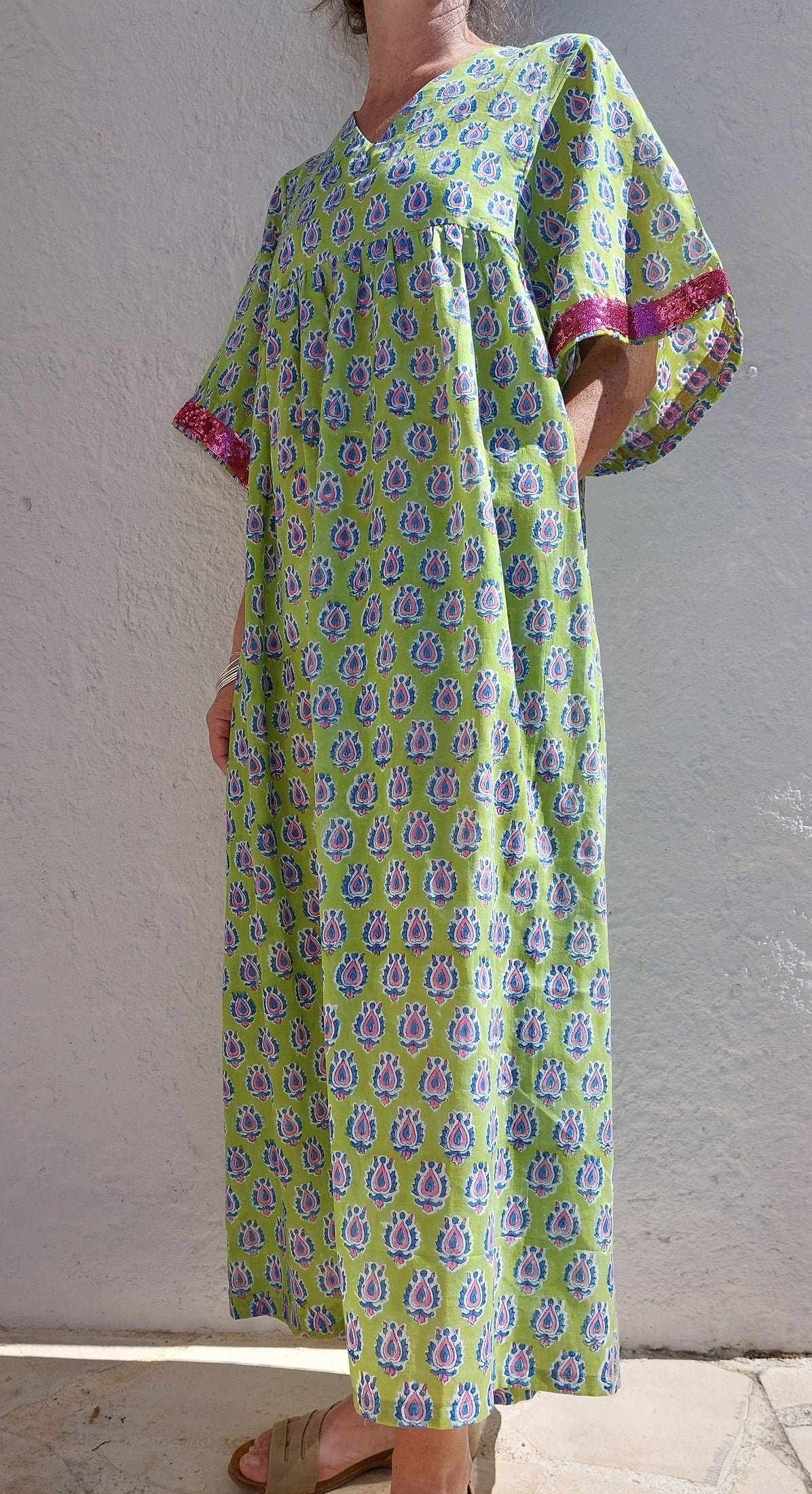 Loose green and pink cotton kaftan dress
