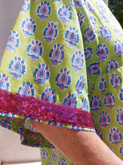Fabric and finishing details: Loose green and pink cotton kaftan dress