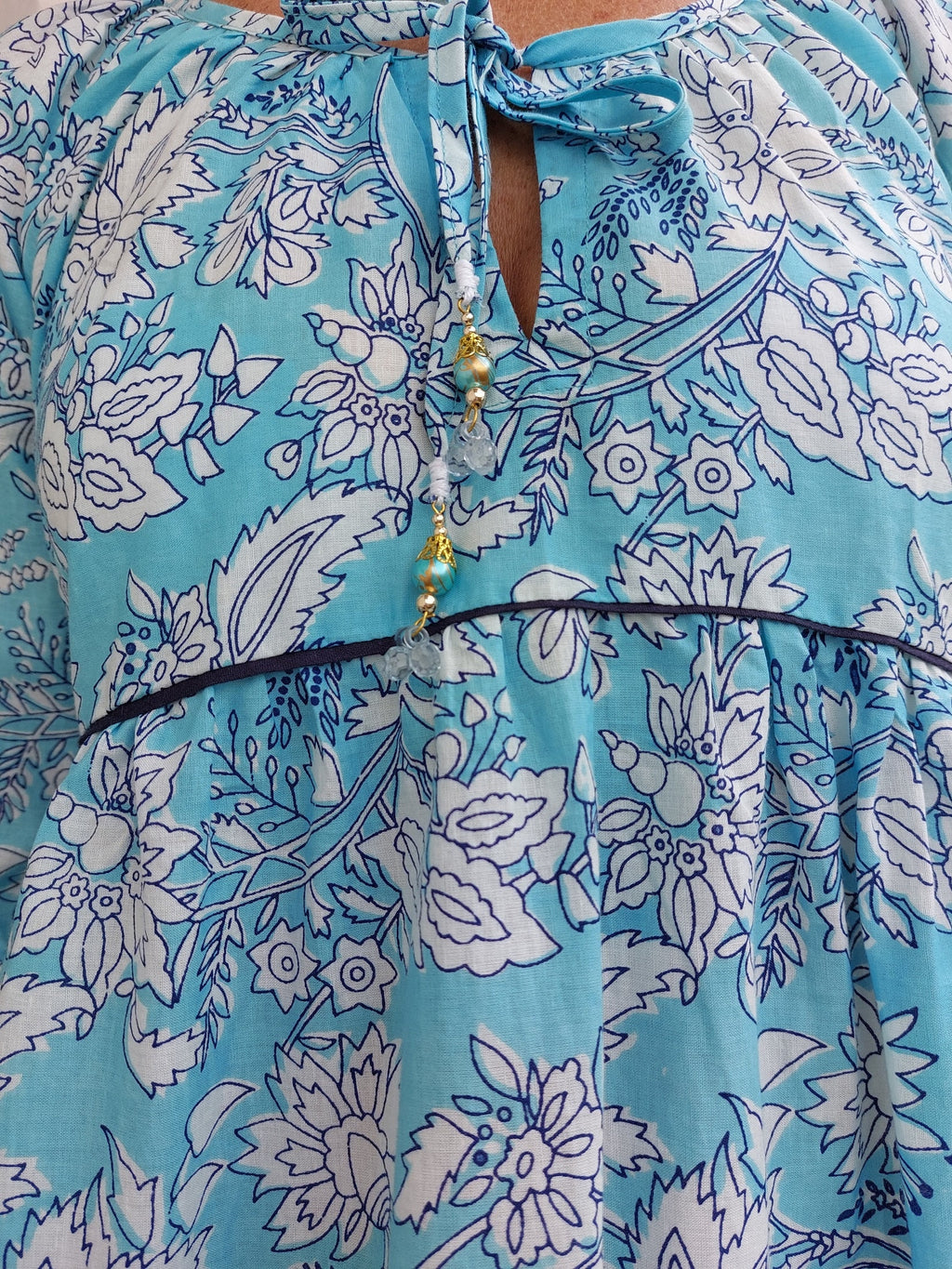 ruffled midi dress in cotton, handblock printed, sky blue floral pattern, round neckline raglan sleeves,unique piece,hippiechic beach outfit