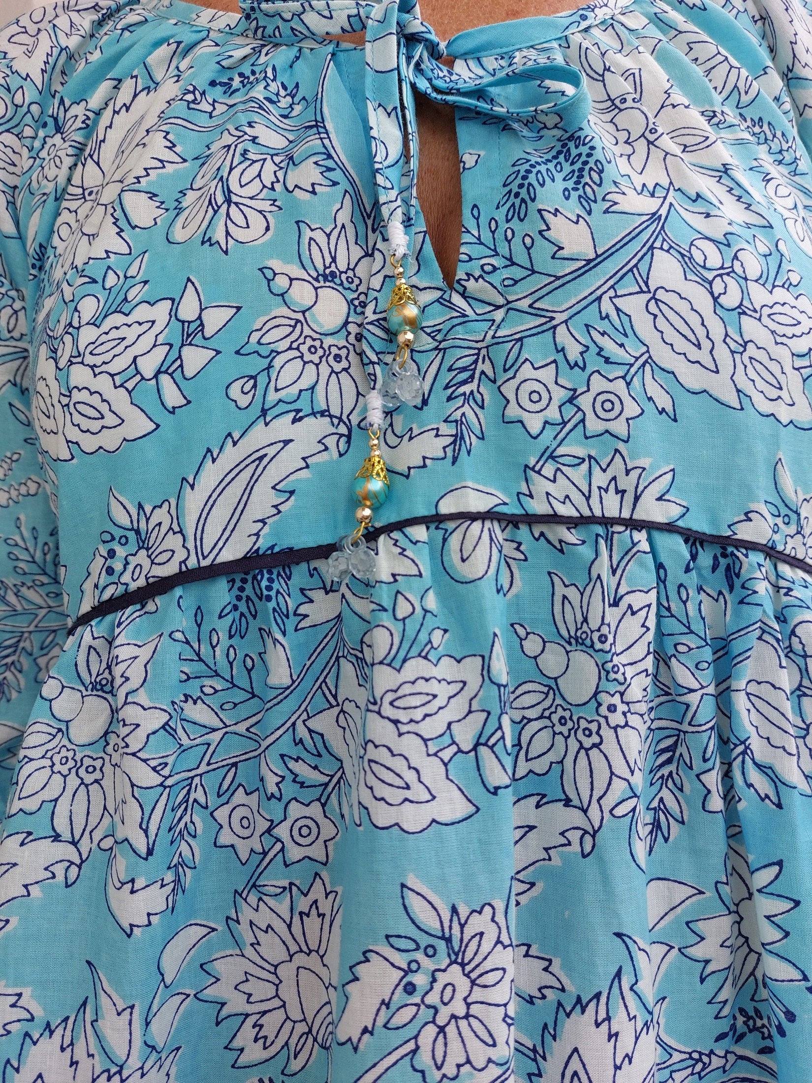 ruffled midi dress in cotton, handblock printed, sky blue floral pattern, round neckline raglan sleeves,unique piece,hippiechic beach outfit