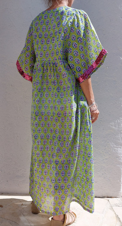 Loose green and pink cotton kaftan dress