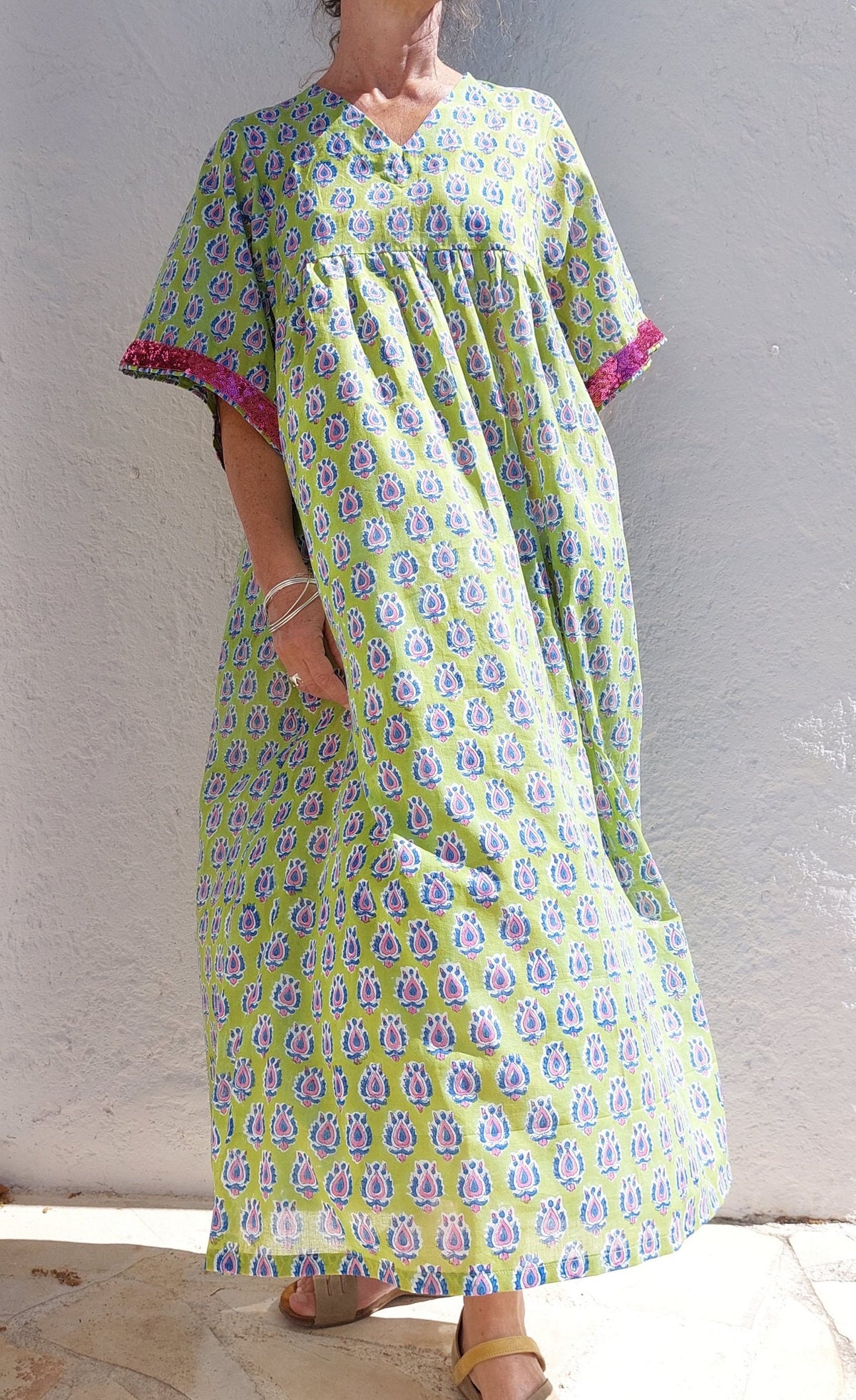 Loose green and pink cotton kaftan dress