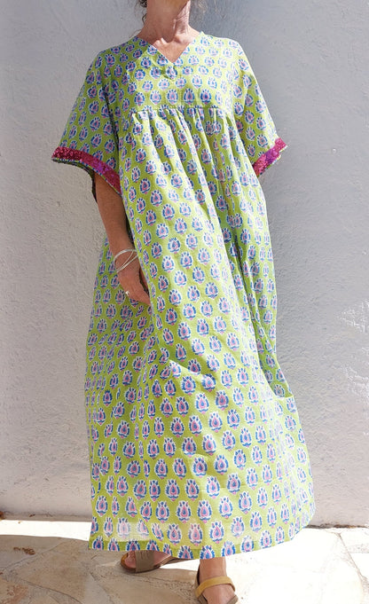 Loose green and pink cotton kaftan dress