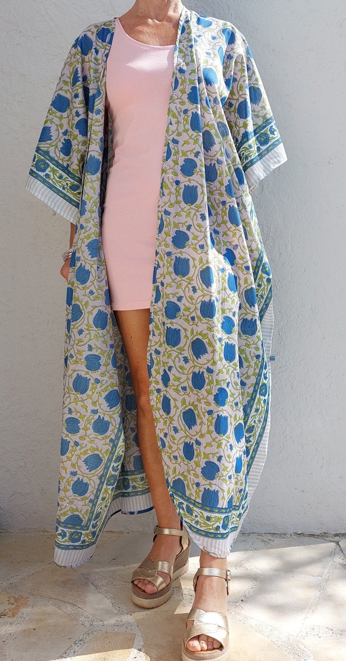 cover up in soft cotton, in shades of purple and blue, floral pattern, coming with a tiny long belt, bathrobe summer outfit,unique piece