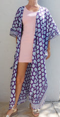 unique piece beach cover up in soft cotton, summer outfit, exclusive design, tiny long belt, bright purple print, long kimono, chic bathrobe