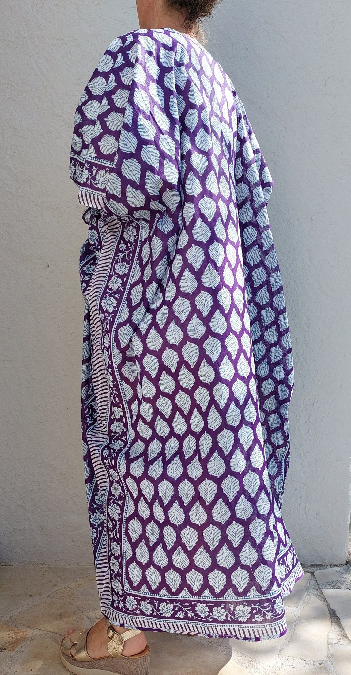 unique piece beach cover up in soft cotton, summer outfit, exclusive design, tiny long belt, bright purple print, long kimono, chic bathrobe