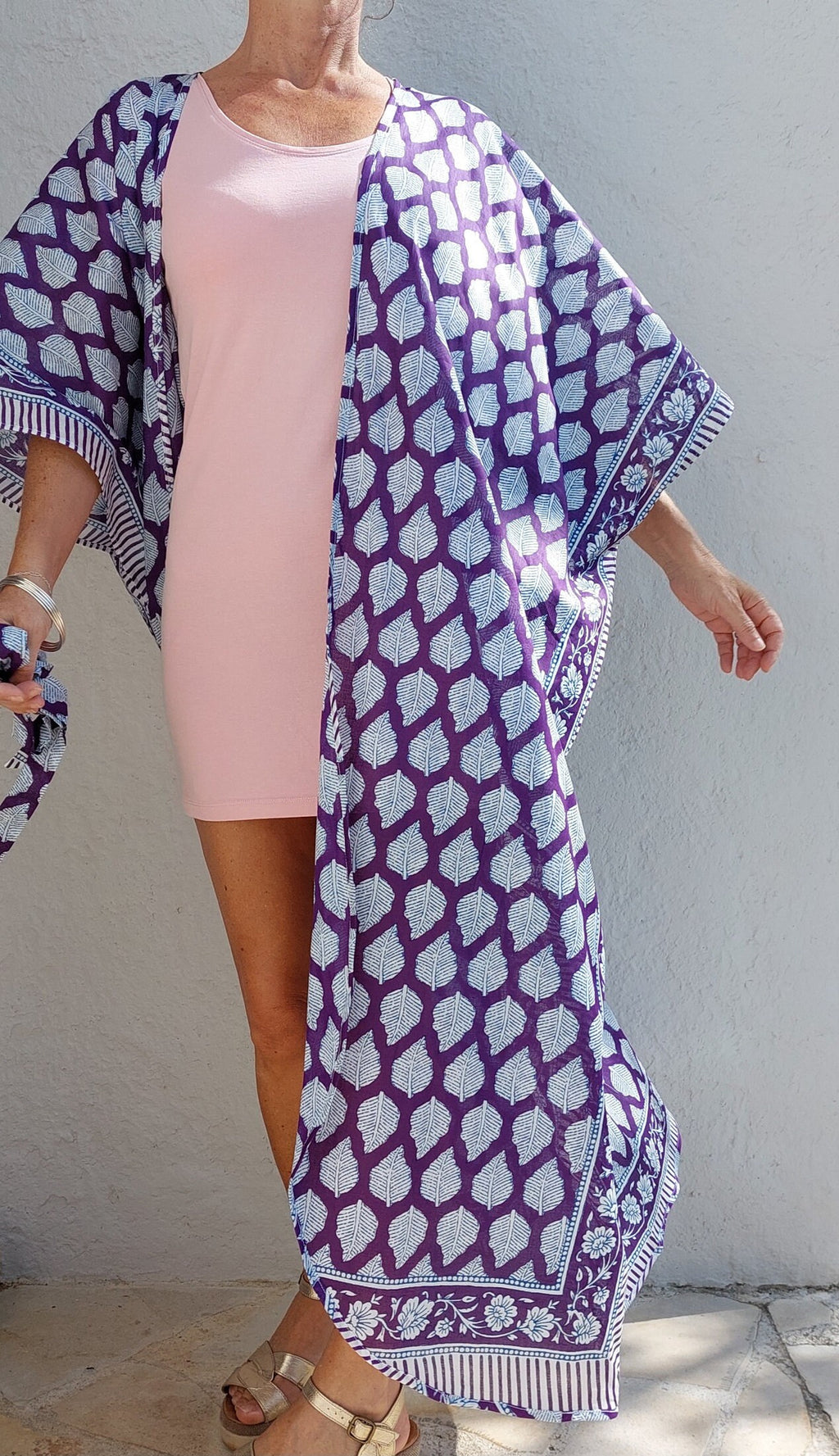 unique piece beach cover up in soft cotton, summer outfit, exclusive design, tiny long belt, bright purple print, long kimono, chic bathrobe