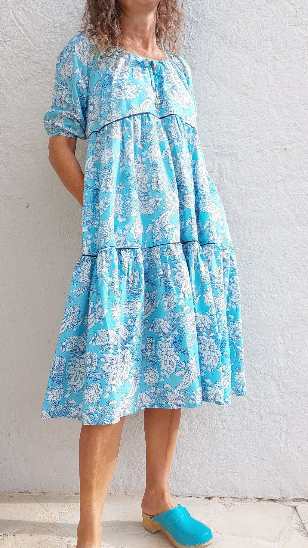 ruffled midi dress in cotton, handblock printed, sky blue floral pattern, round neckline raglan sleeves,unique piece,hippiechic beach outfit