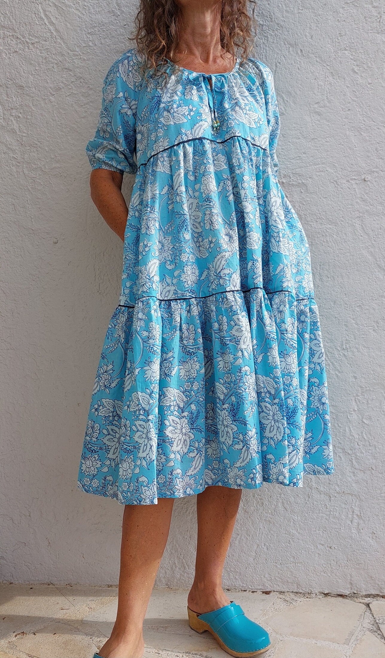 ruffled midi dress in cotton, handblock printed, sky blue floral pattern, round neckline raglan sleeves,unique piece,hippiechic beach outfit
