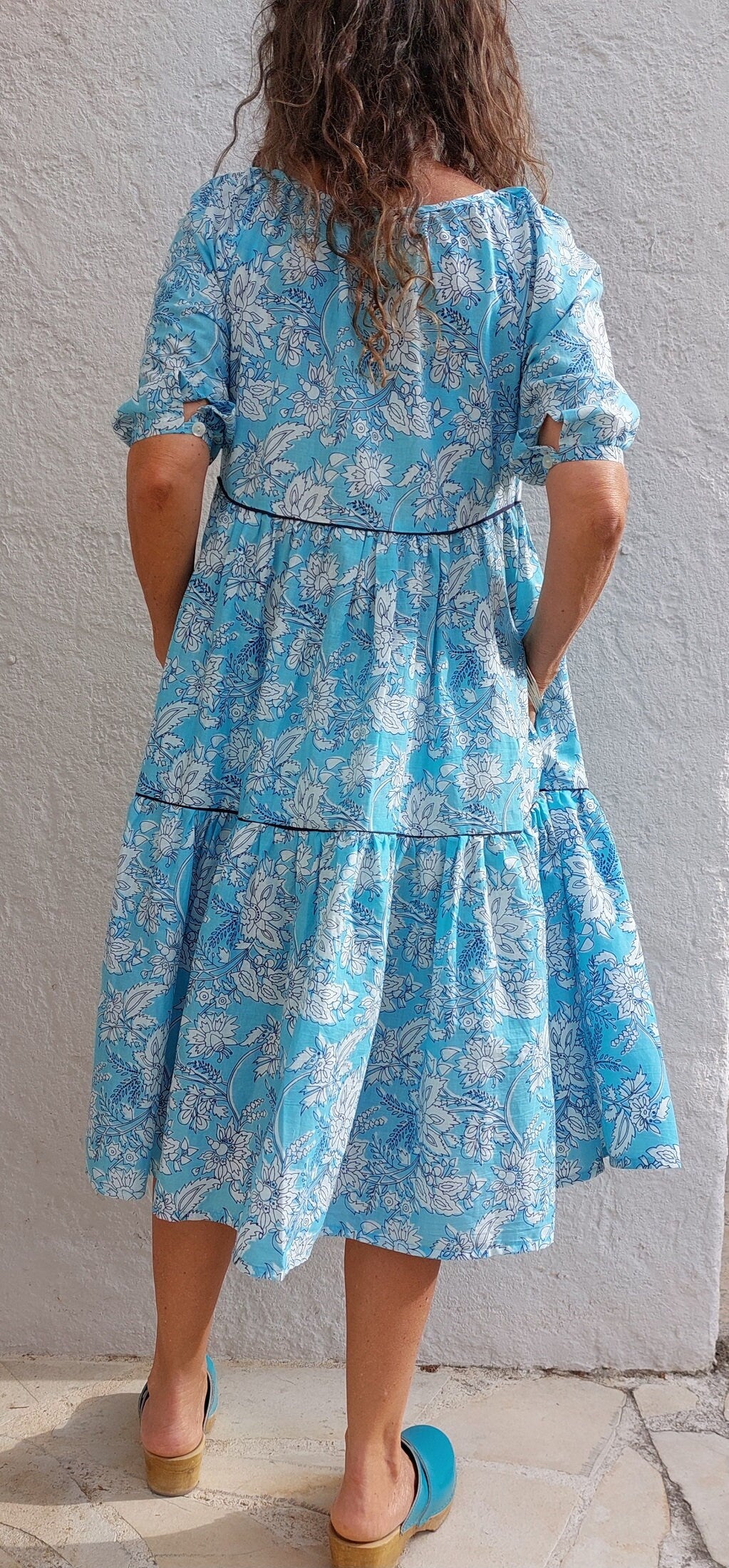 ruffled midi dress in cotton, handblock printed, sky blue floral pattern, round neckline raglan sleeves,unique piece,hippiechic beach outfit