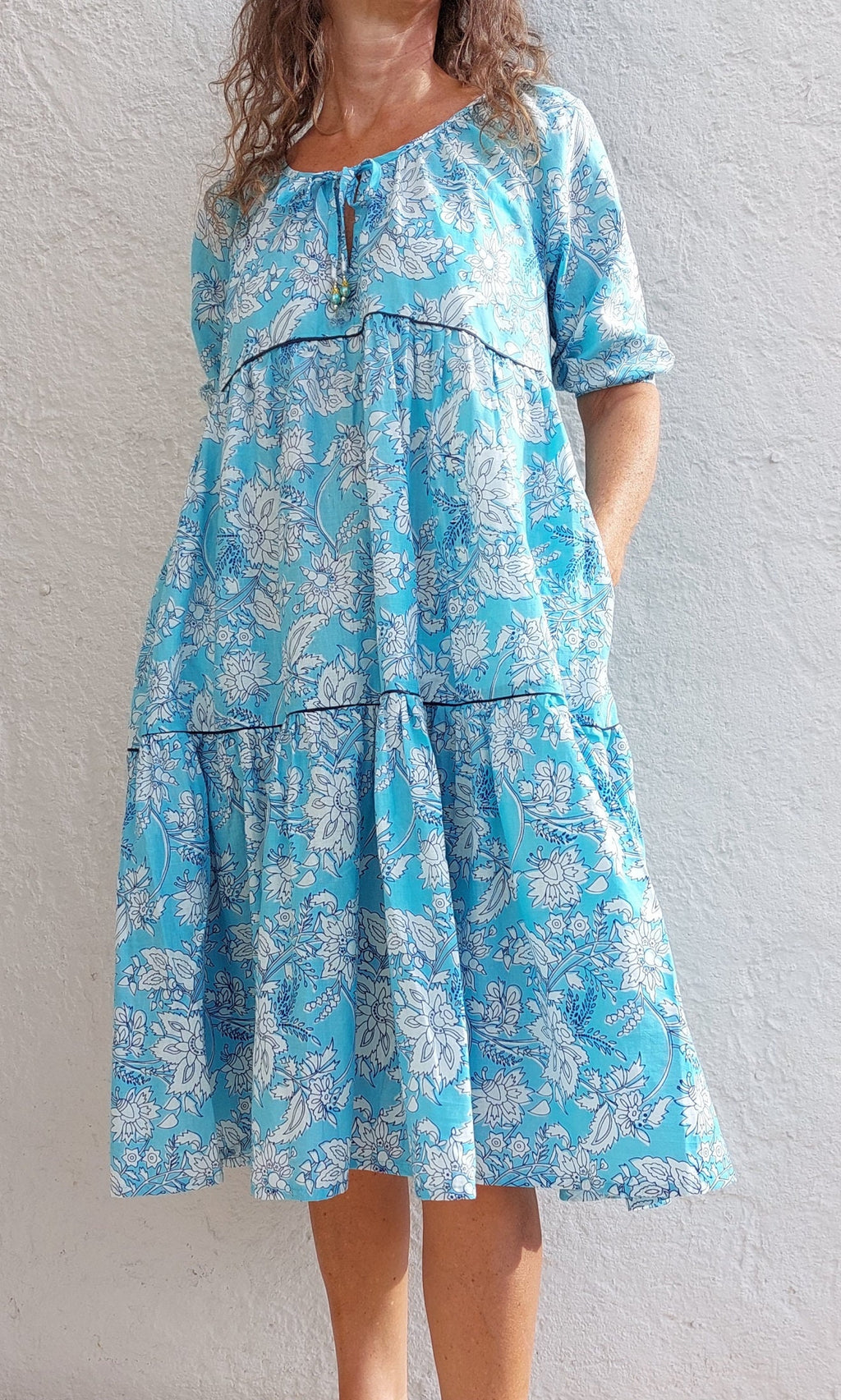 ruffled midi dress in cotton, handblock printed, sky blue floral pattern, round neckline raglan sleeves,unique piece,hippiechic beach outfit