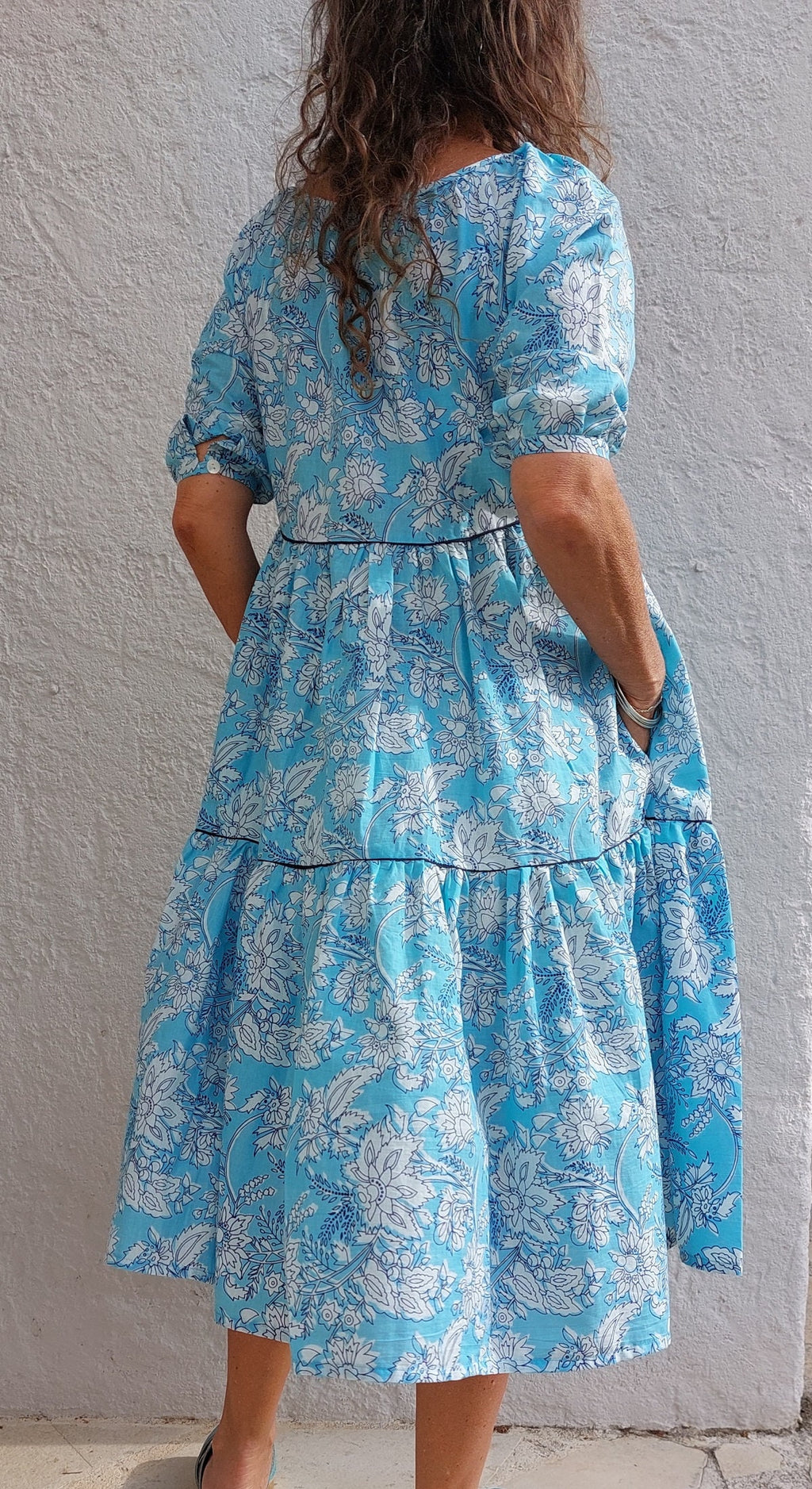 ruffled midi dress in cotton, handblock printed, sky blue floral pattern, round neckline raglan sleeves,unique piece,hippiechic beach outfit