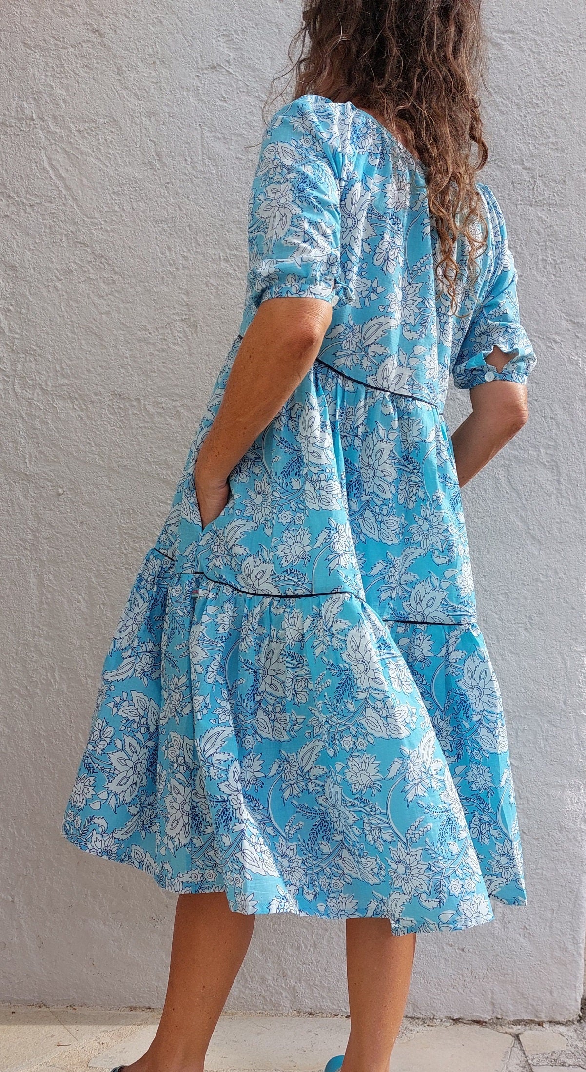 ruffled midi dress in cotton, handblock printed, sky blue floral pattern, round neckline raglan sleeves,unique piece,hippiechic beach outfit