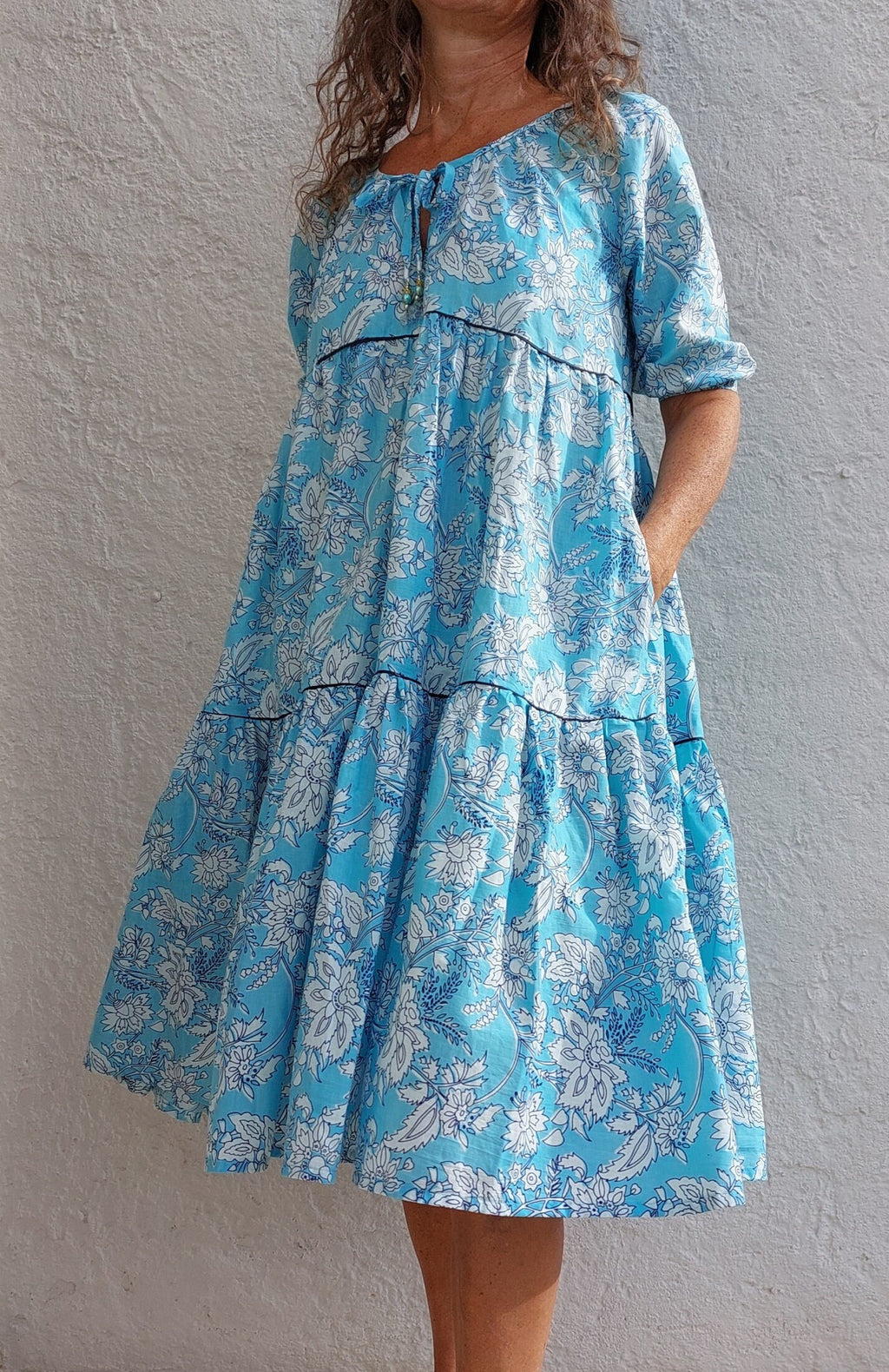 ruffled midi dress in cotton, handblock printed, sky blue floral pattern, round neckline raglan sleeves,unique piece,hippiechic beach outfit