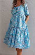ruffled midi dress in cotton, handblock printed, sky blue floral pattern, round neckline raglan sleeves,unique piece,hippiechic beach outfit