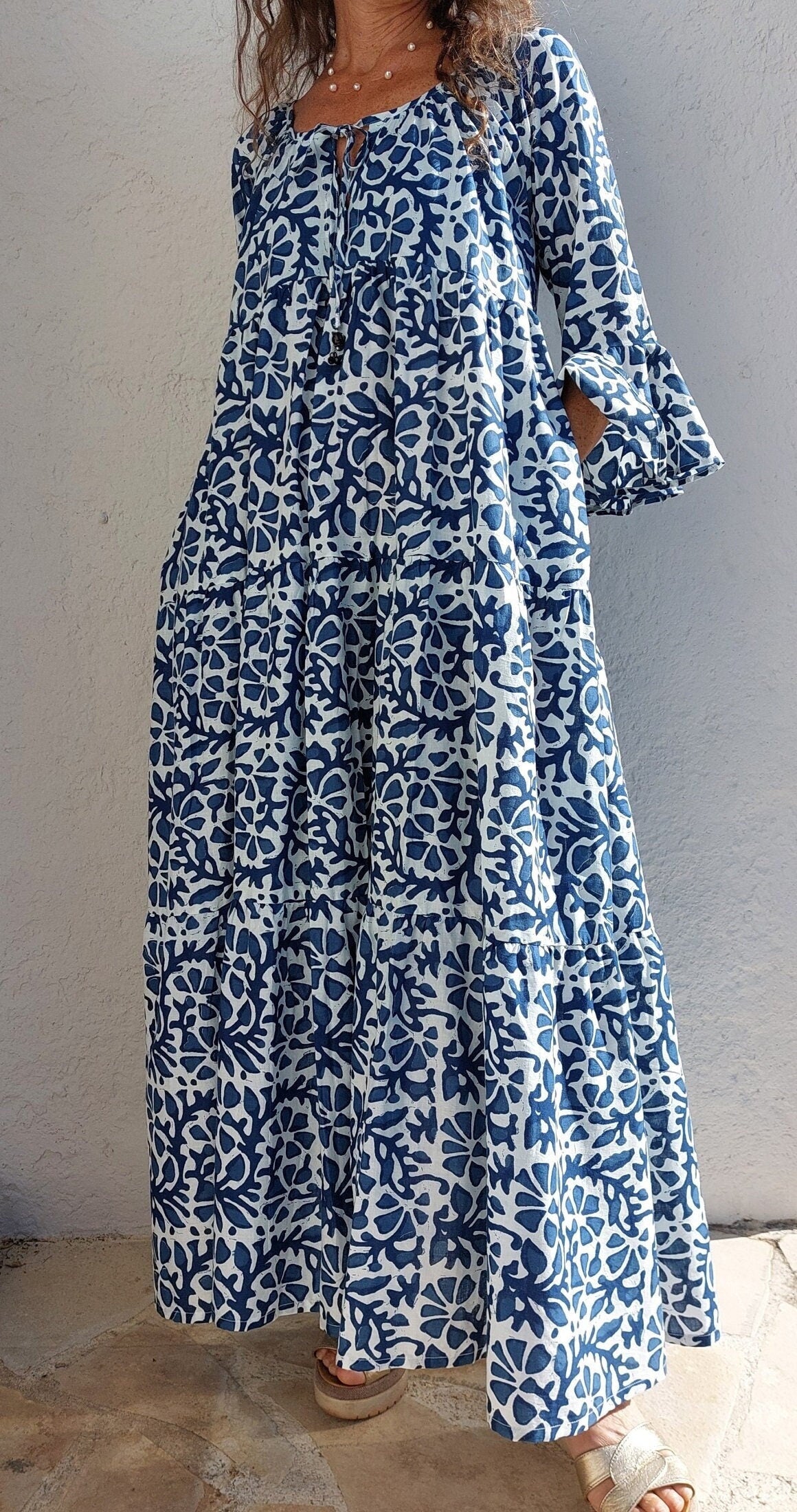 long dress in soft cotton,navy blue color,summer dress boho chic