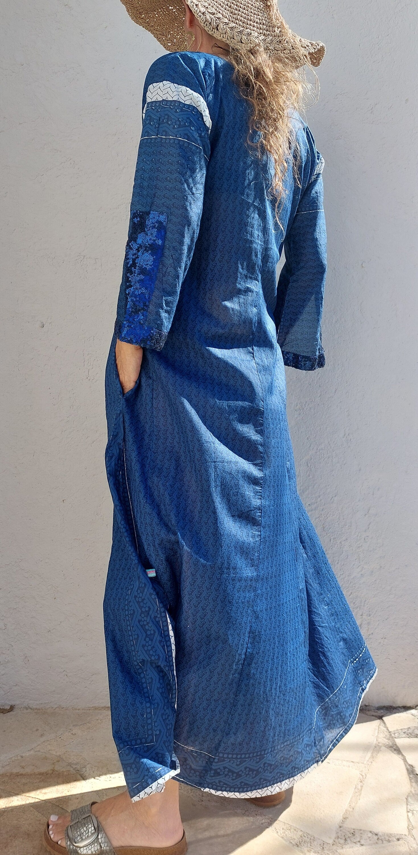 long kaftan dress in soft cotton, navy blue color, exclusive design, dark blue sequins lace finishing on sleeves