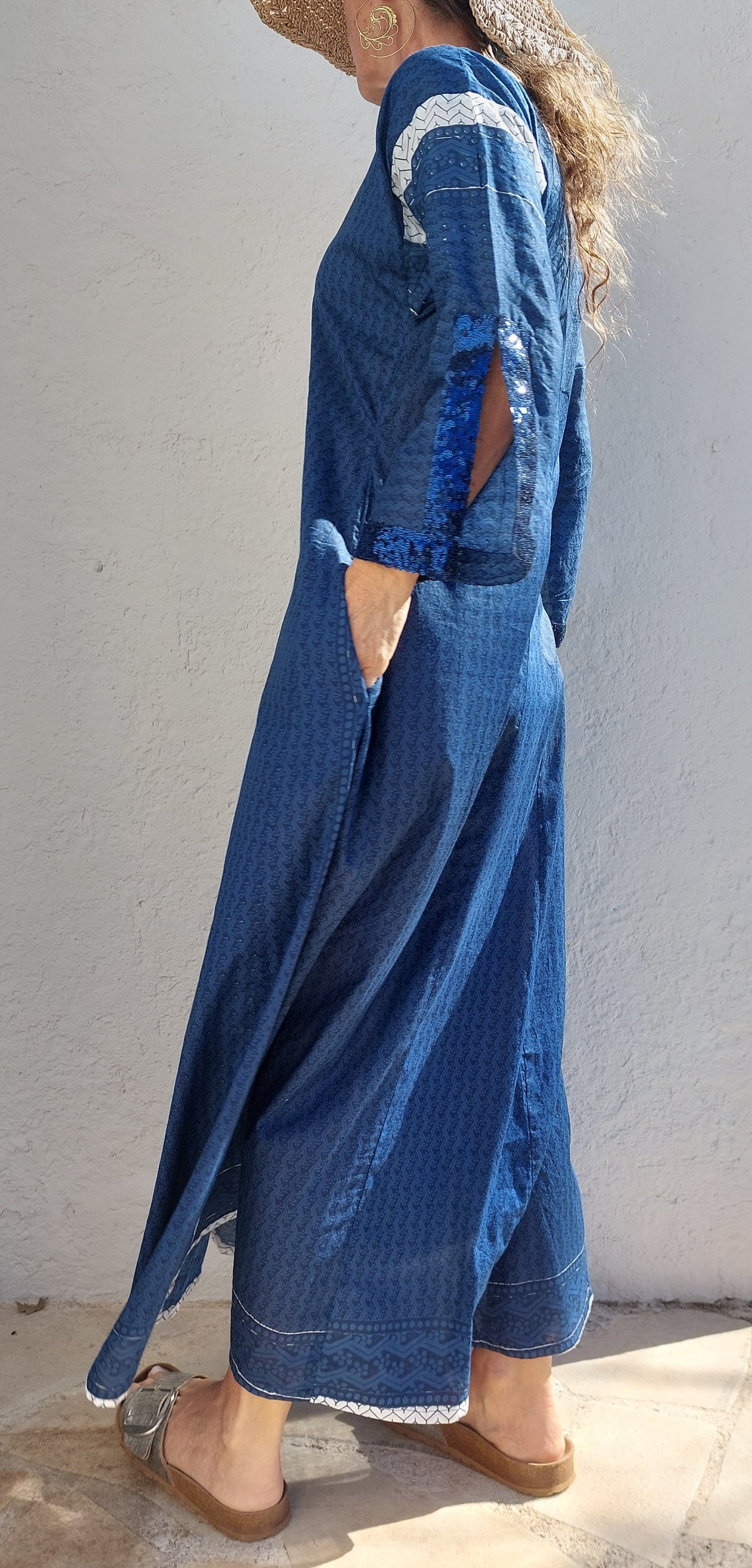 long kaftan dress in soft cotton, navy blue color, exclusive design, dark blue sequins lace finishing on sleeves