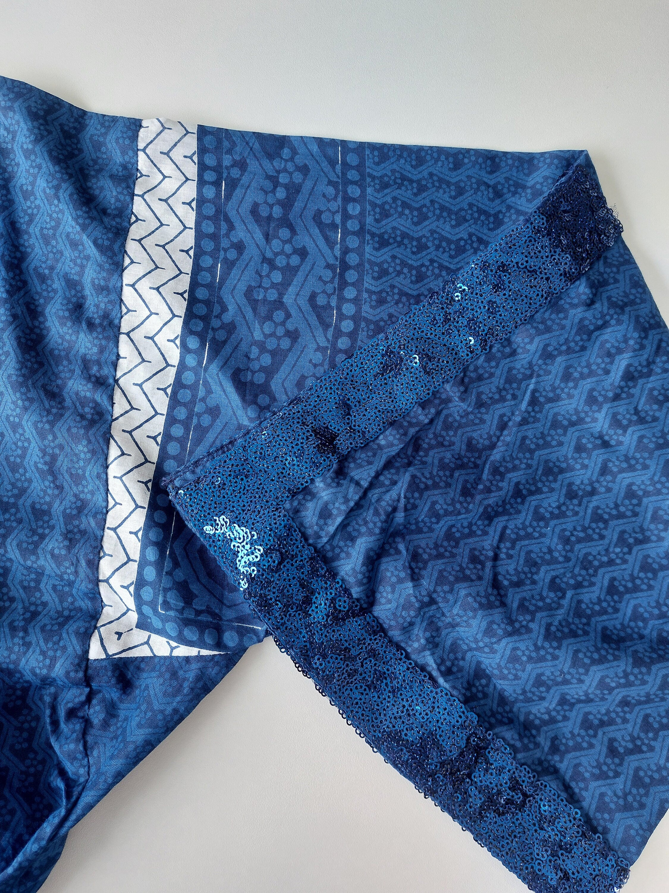 long kaftan dress in soft cotton, navy blue color, exclusive design, dark blue sequins lace finishing on sleeves