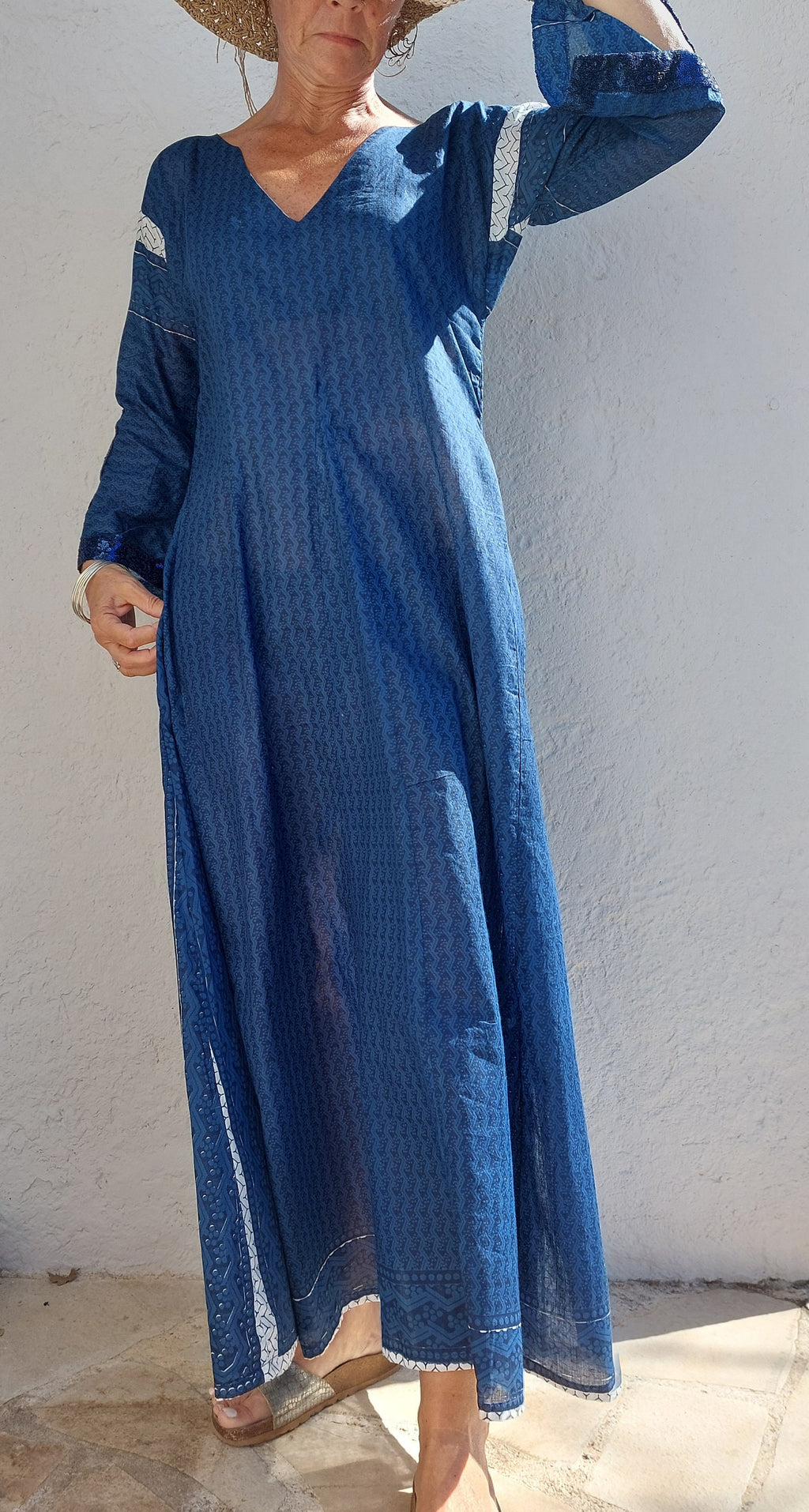 long kaftan dress in soft cotton, navy blue color, exclusive design, dark blue sequins lace finishing on sleeves