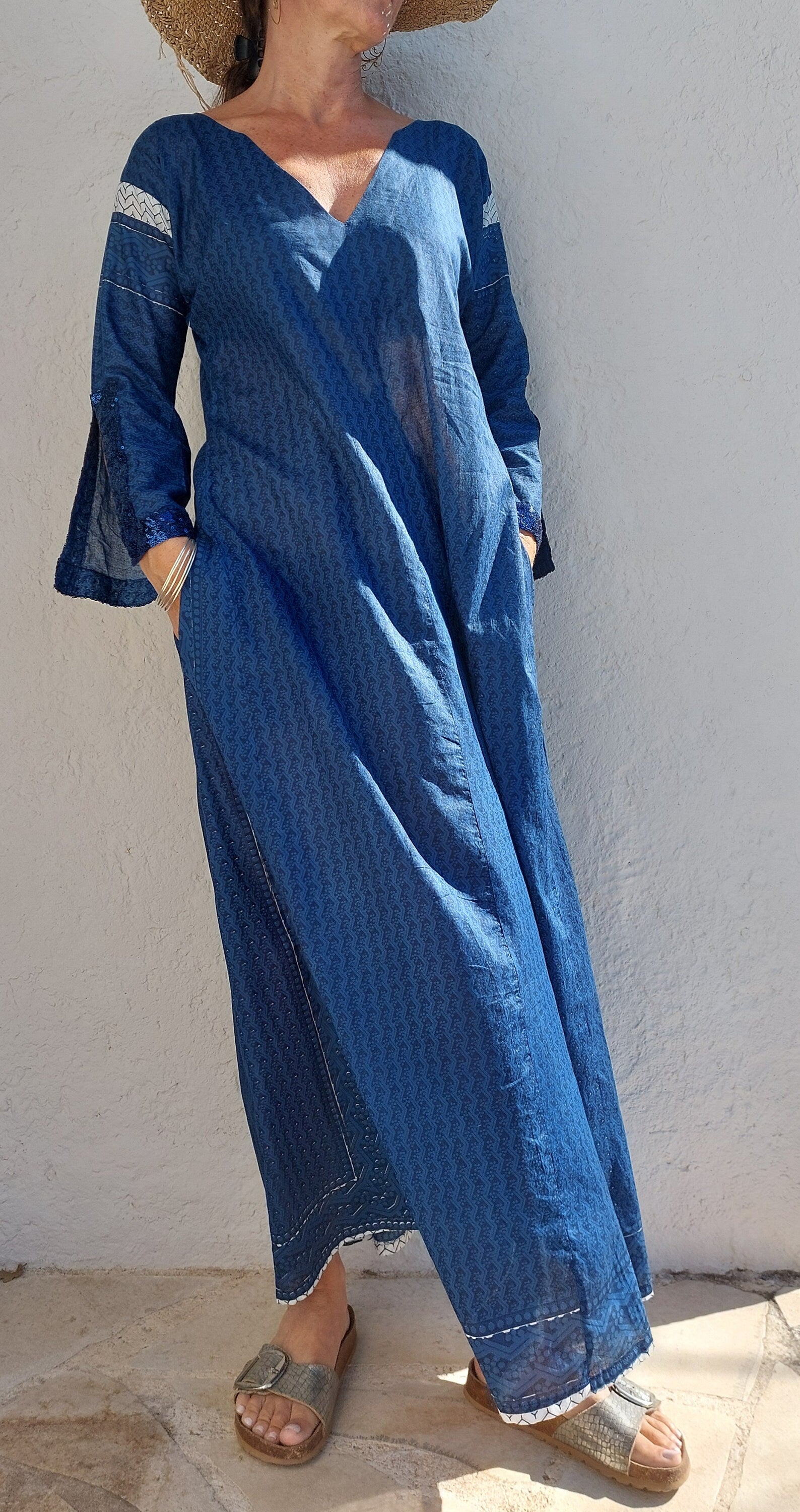 long kaftan dress in soft cotton, navy blue color, exclusive design, dark blue sequins lace finishing on sleeves