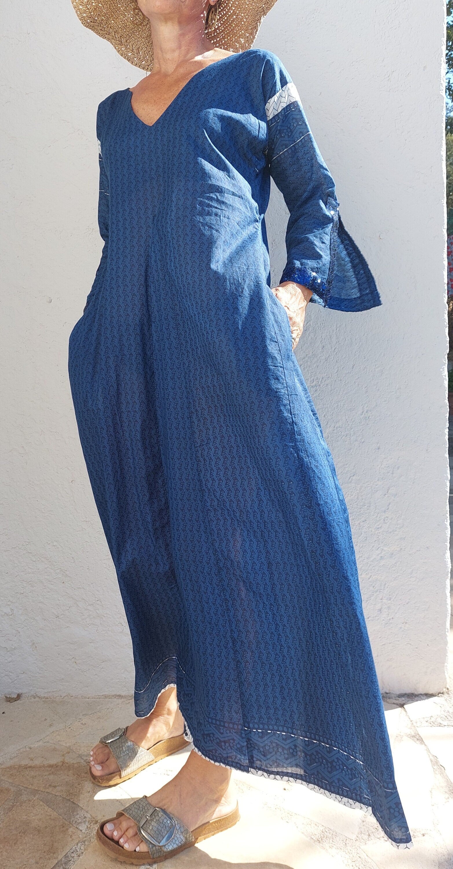 long kaftan dress in soft cotton, navy blue color, exclusive design, dark blue sequins lace finishing on sleeves