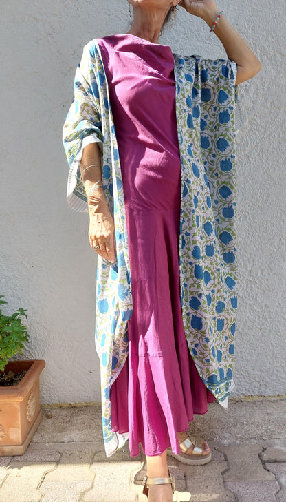 Kimono de plage fleuri en coton avec ceinture fine