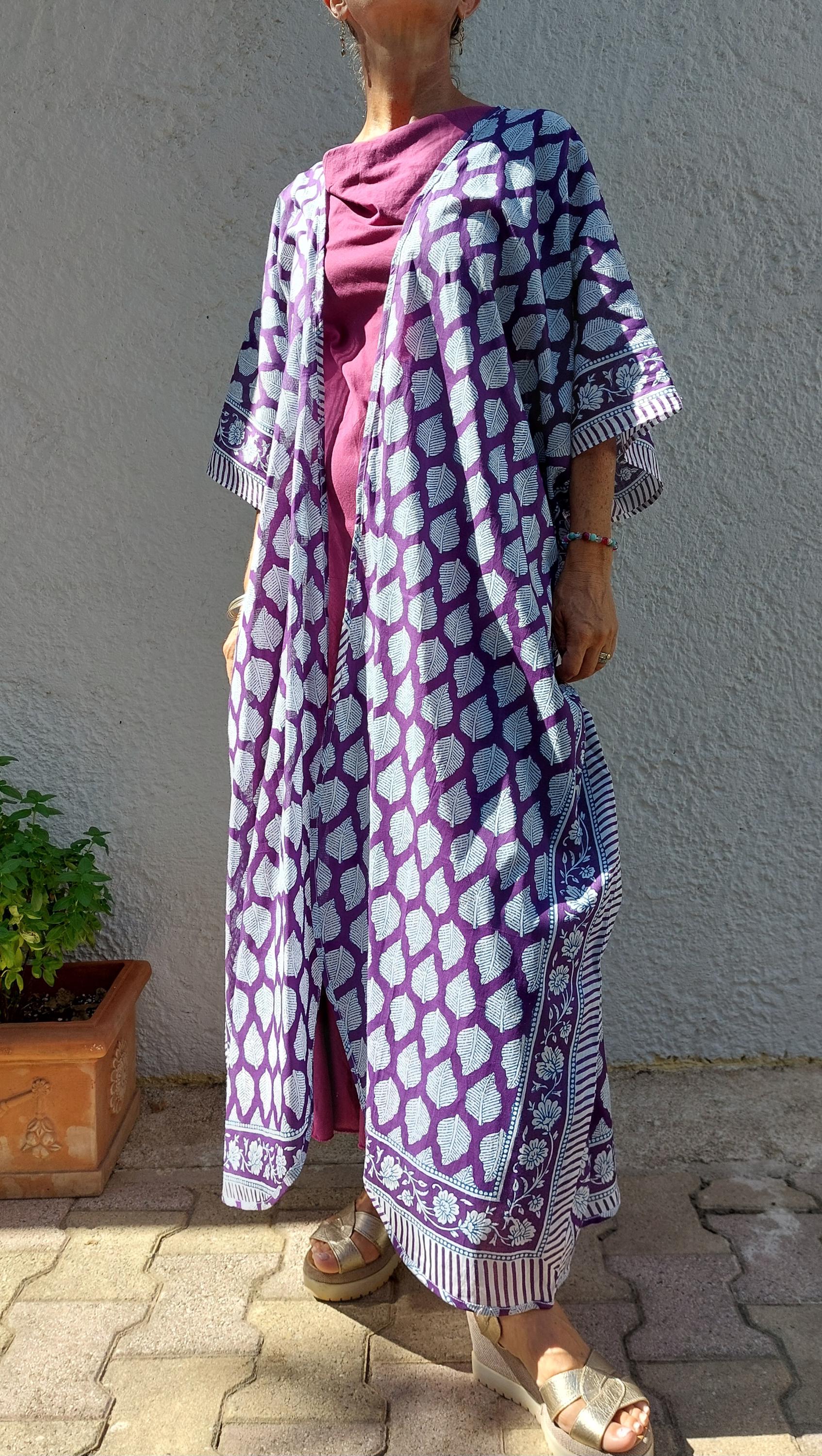 unique piece beach cover up in soft cotton, summer outfit, exclusive design, tiny long belt, bright purple print, long kimono, chic bathrobe
