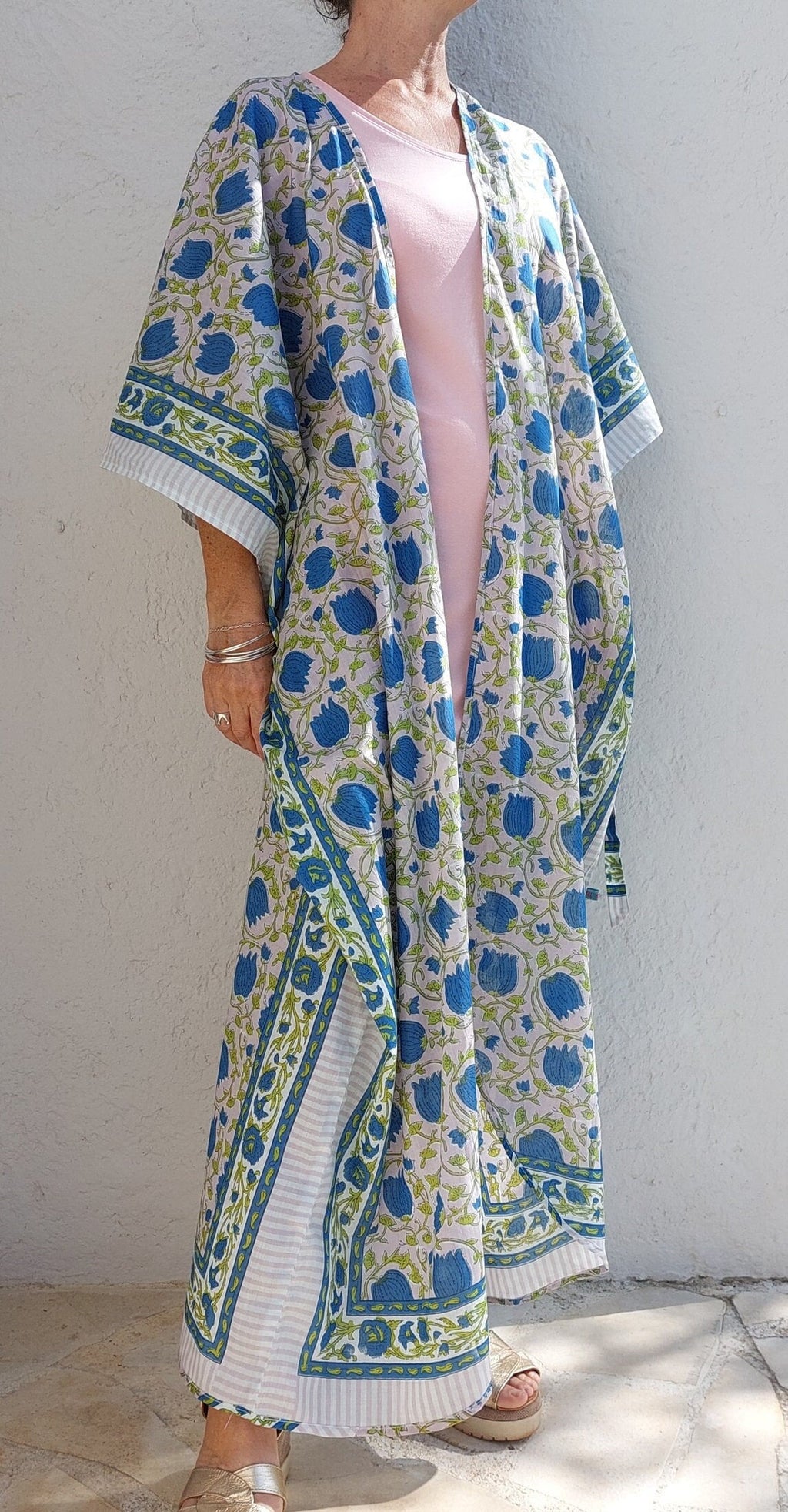 cover up in soft cotton, in shades of purple and blue, floral pattern, coming with a tiny long belt, bathrobe summer outfit,unique piece