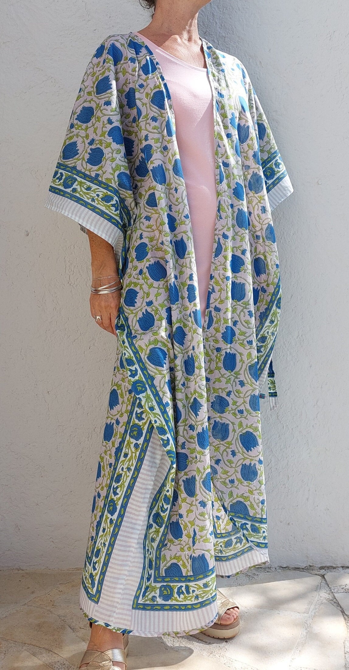 cover up in soft cotton, in shades of purple and blue, floral pattern, coming with a tiny long belt, bathrobe summer outfit,unique piece