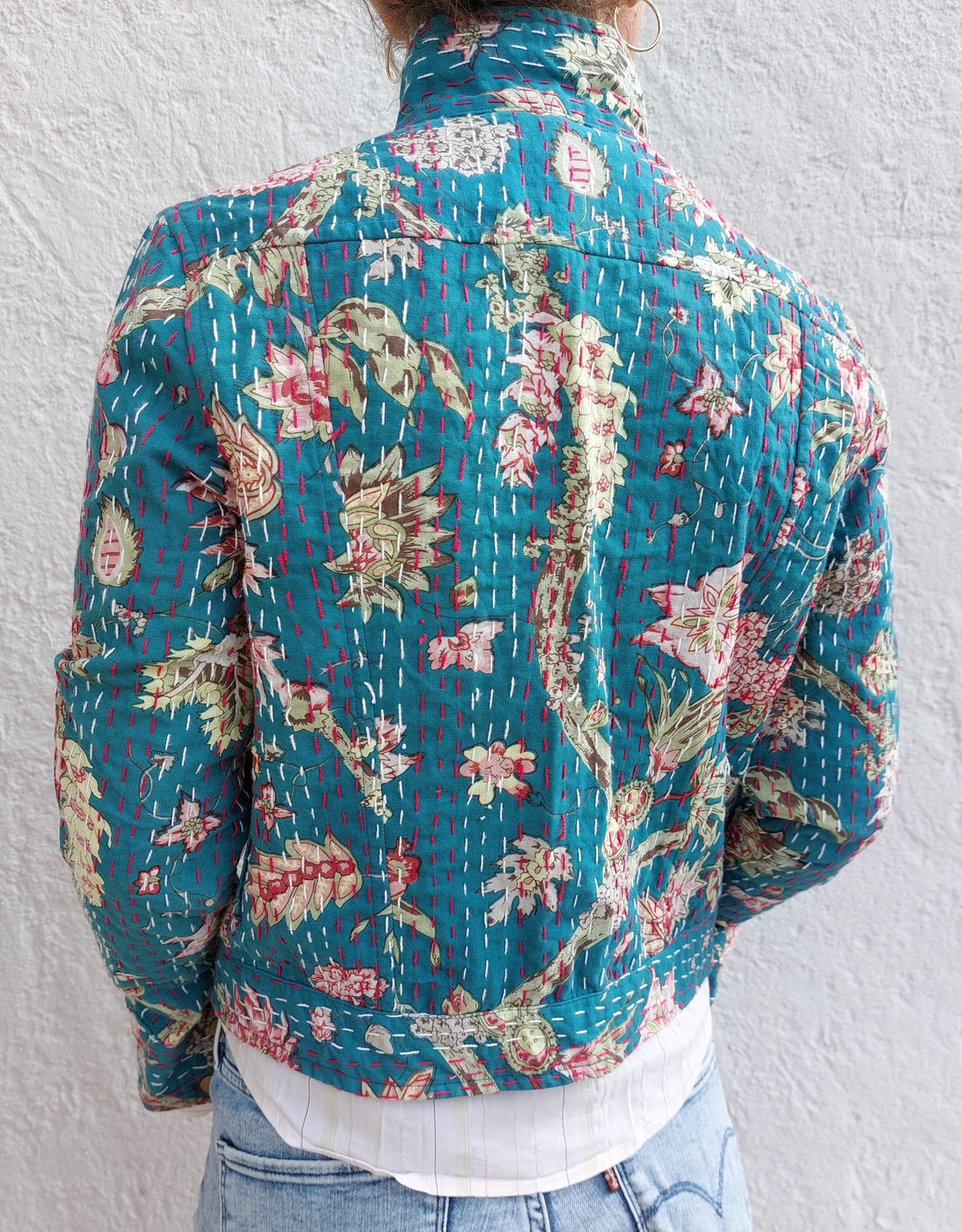 Teal and pink cotton denim-style jacket
