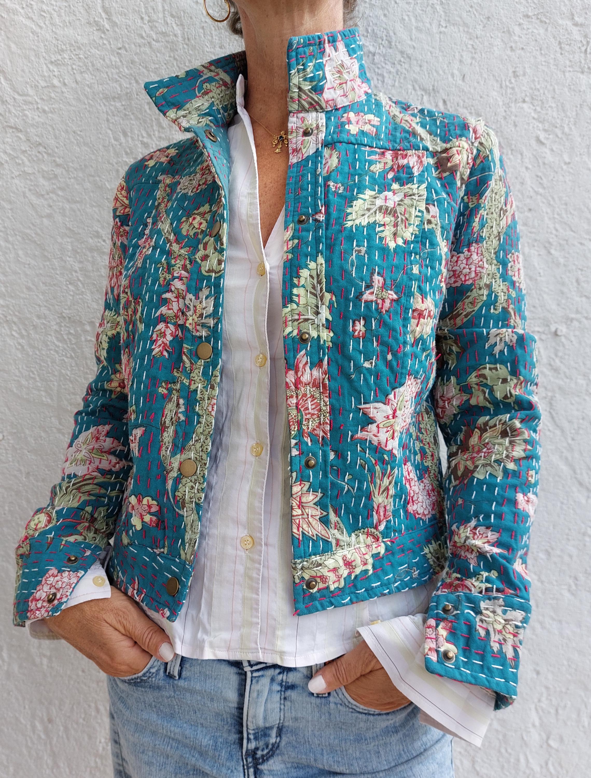 jeans jacket shape in cotton not quilted,teal color and floral pink pattern,bohochic jacket,spring outfit