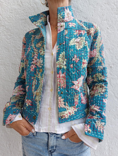 Teal and pink cotton denim-style jacket