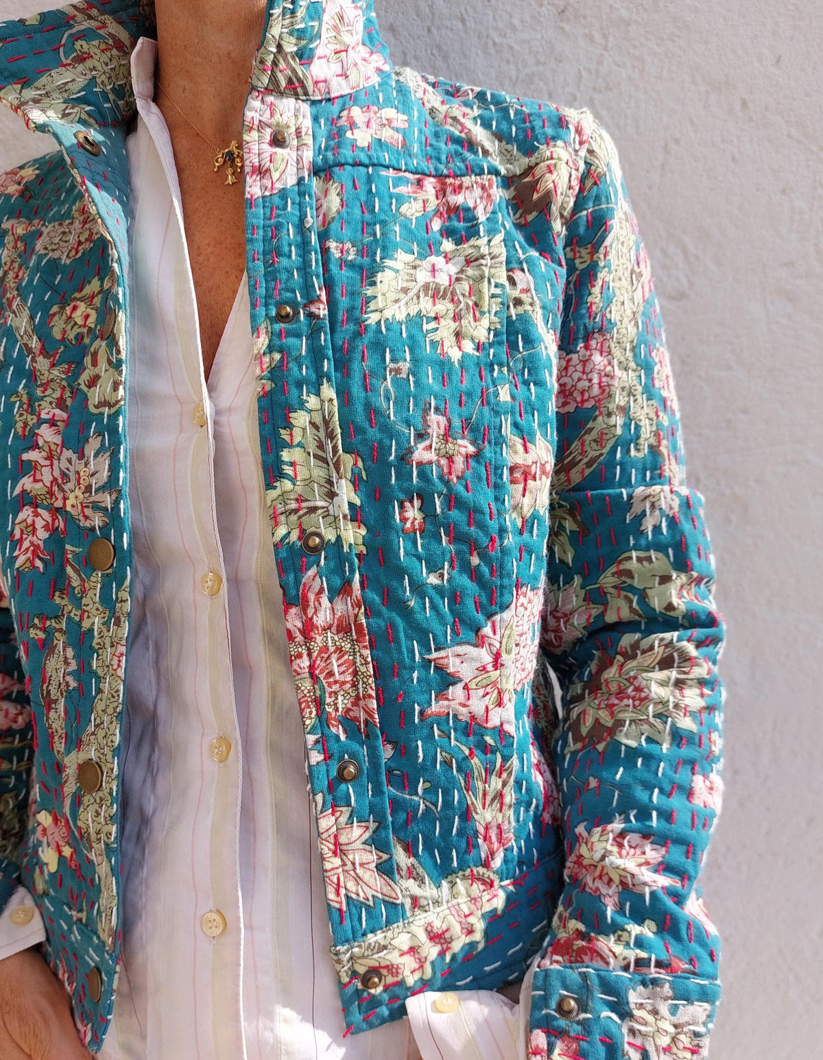 Teal and pink cotton denim-style jacket